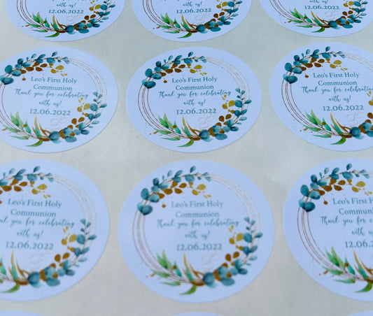 Personalised Holy Communion Stickers Party Bag Thank You Seals Sweet Cones Eucalyptus wreath