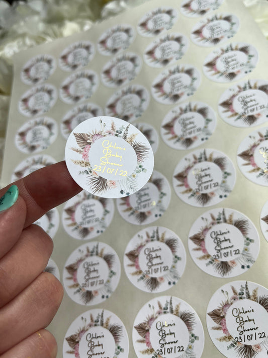 Personalised Foil Boho Feather Wreath Baby Shower Stickers•Floral Wreath•Foiled Sticker•Baby Shower Sticker•
