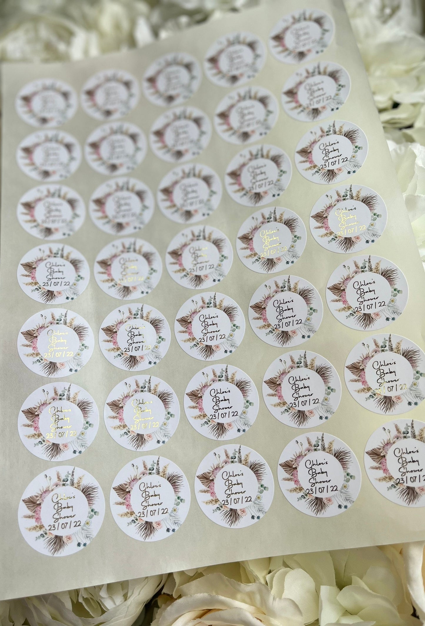 Personalised Foil Boho Feather Wreath Baby Shower Stickers•Floral Wreath•Foiled Sticker•Baby Shower Sticker•