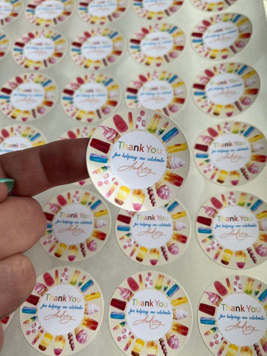 Personalised Ice Cream Themed Party Stickers•Thank You For Coming To My Party•Ice Cream Parlour•Sweet Cones•Birthday Party