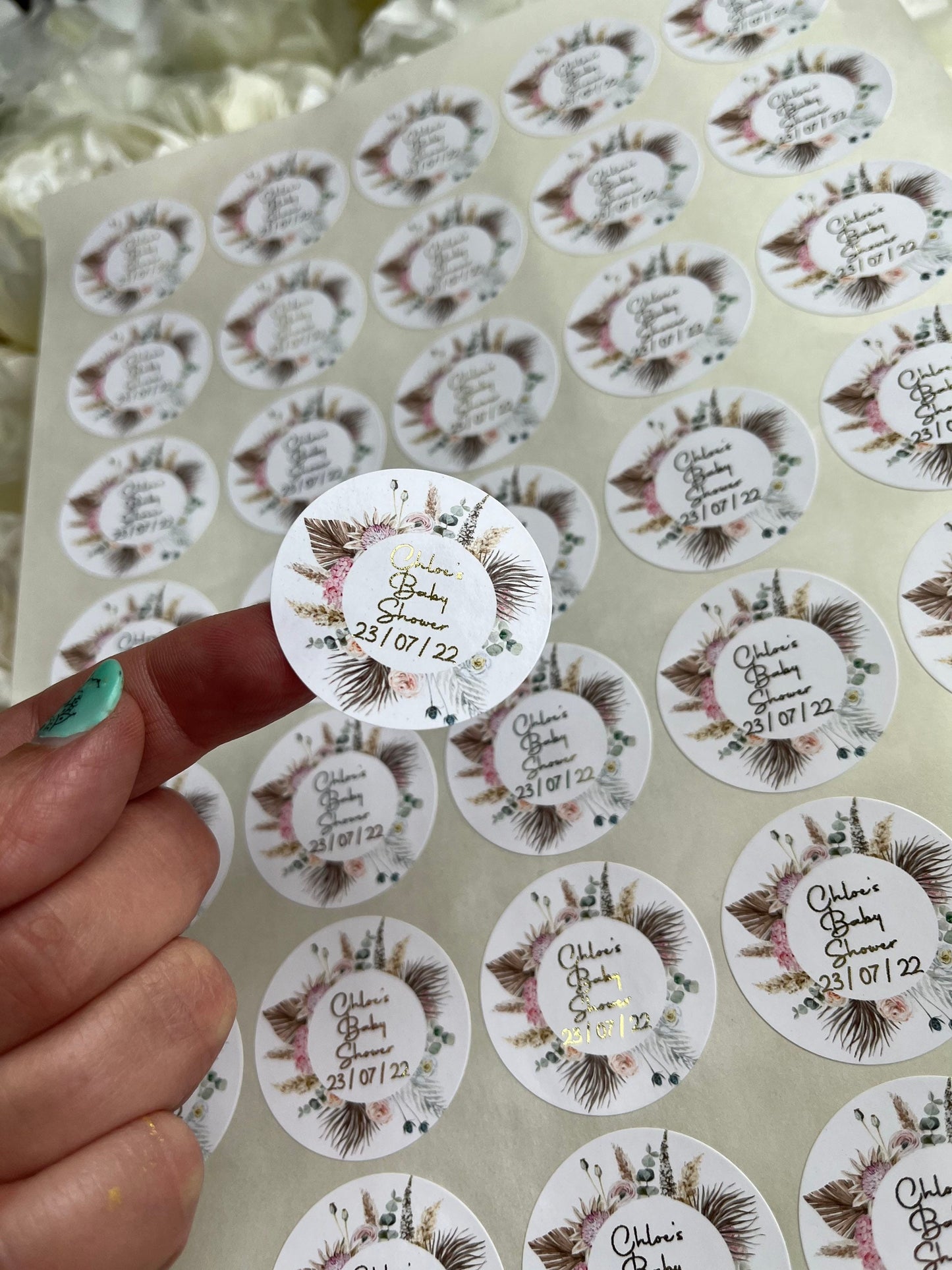 Personalised Foil Boho Feather Wreath Baby Shower Stickers•Floral Wreath•Foiled Sticker•Baby Shower Sticker•