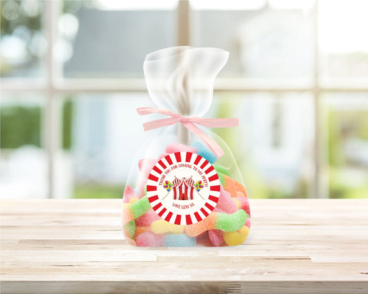 Personalised Circus Themed Party Stickers•Traditional Circus Theme•Thank You For Coming To My Party•Sweet Cone Sticker•Birthday Party