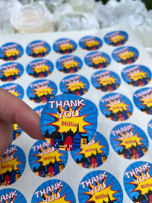 Personalised Superhero Thank You For Coming To My Party Stickers,Comic Stickers,Sweet Cone Stickers,Birthday Party Stickers
