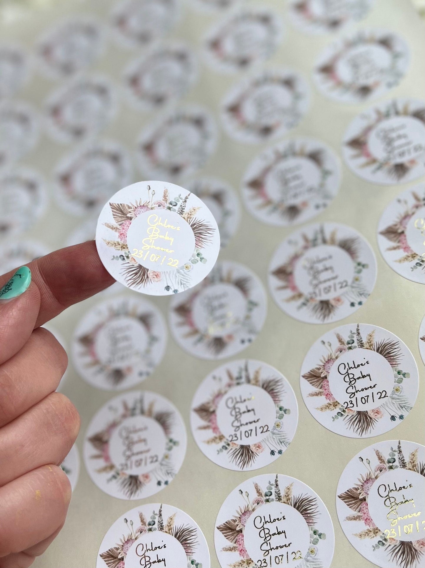 Personalised Foil Boho Feather Wreath Baby Shower Stickers•Floral Wreath•Foiled Sticker•Baby Shower Sticker•