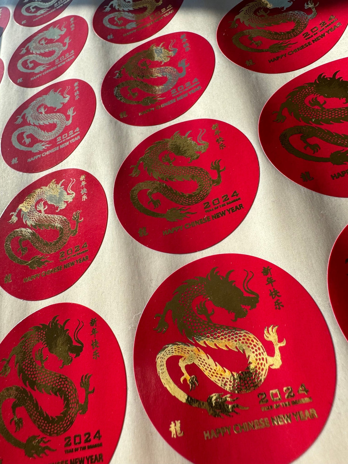 Chinese New Year Stickers, Gold stickers, Round Stickers, Year of the Dragon, Foil Sticker