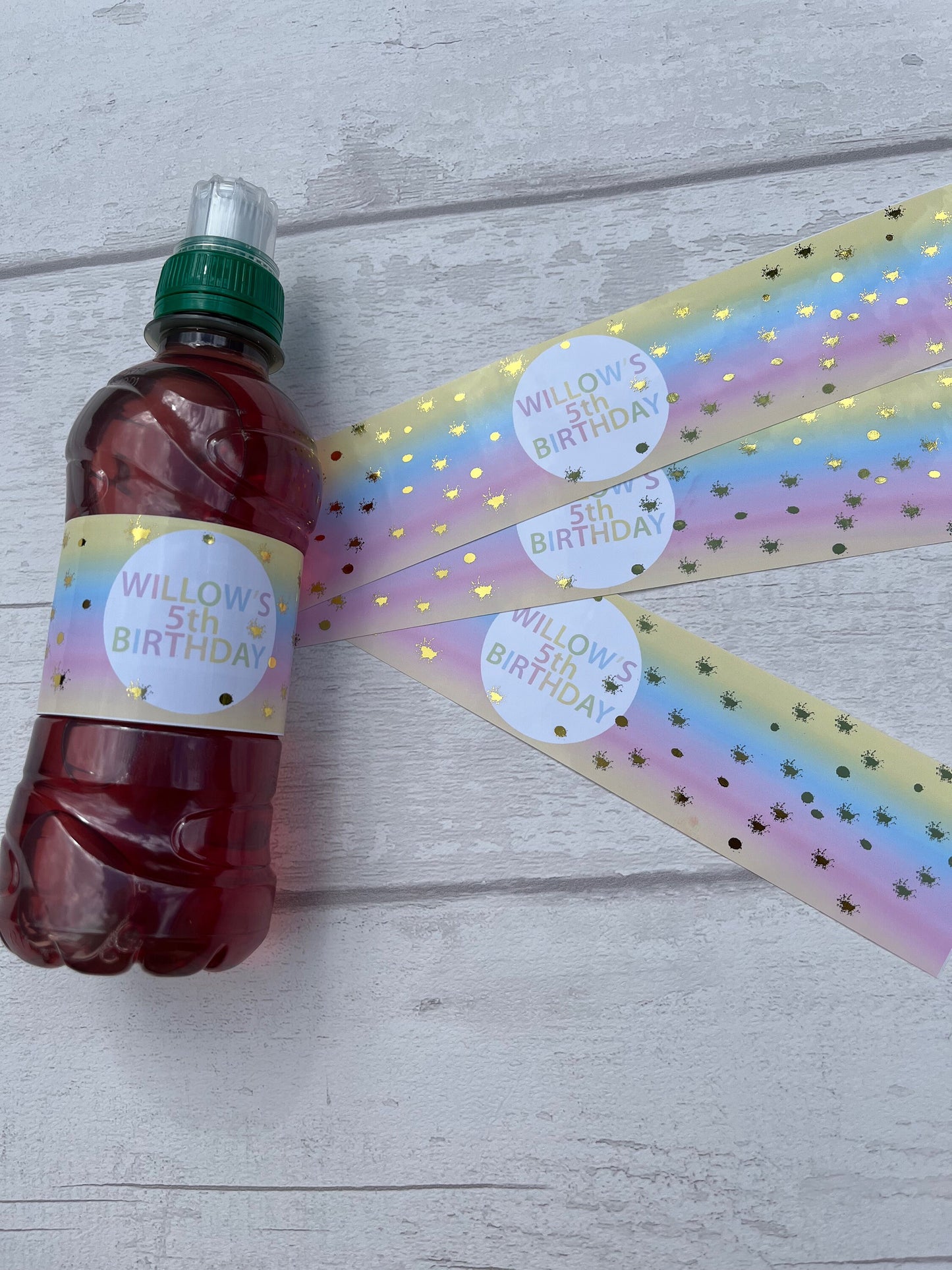 Personalised Rainbow Foil Drinks Bottle Wraps·Water Bottle Wrap·Birthday Party·Party Tableware·Children's Birthday Party·Set of 6·Gold Foil