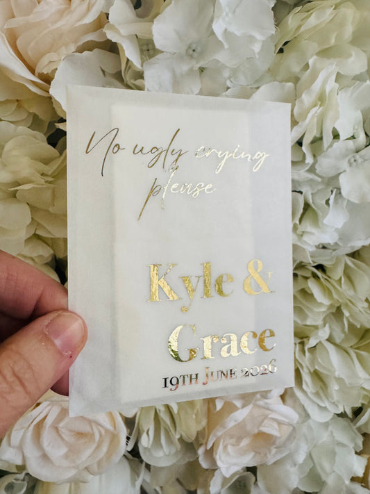 Personalised Foil Wedding Tissue Envelopes: Glassine Happy Tears Favours, No Ugly Crying Please