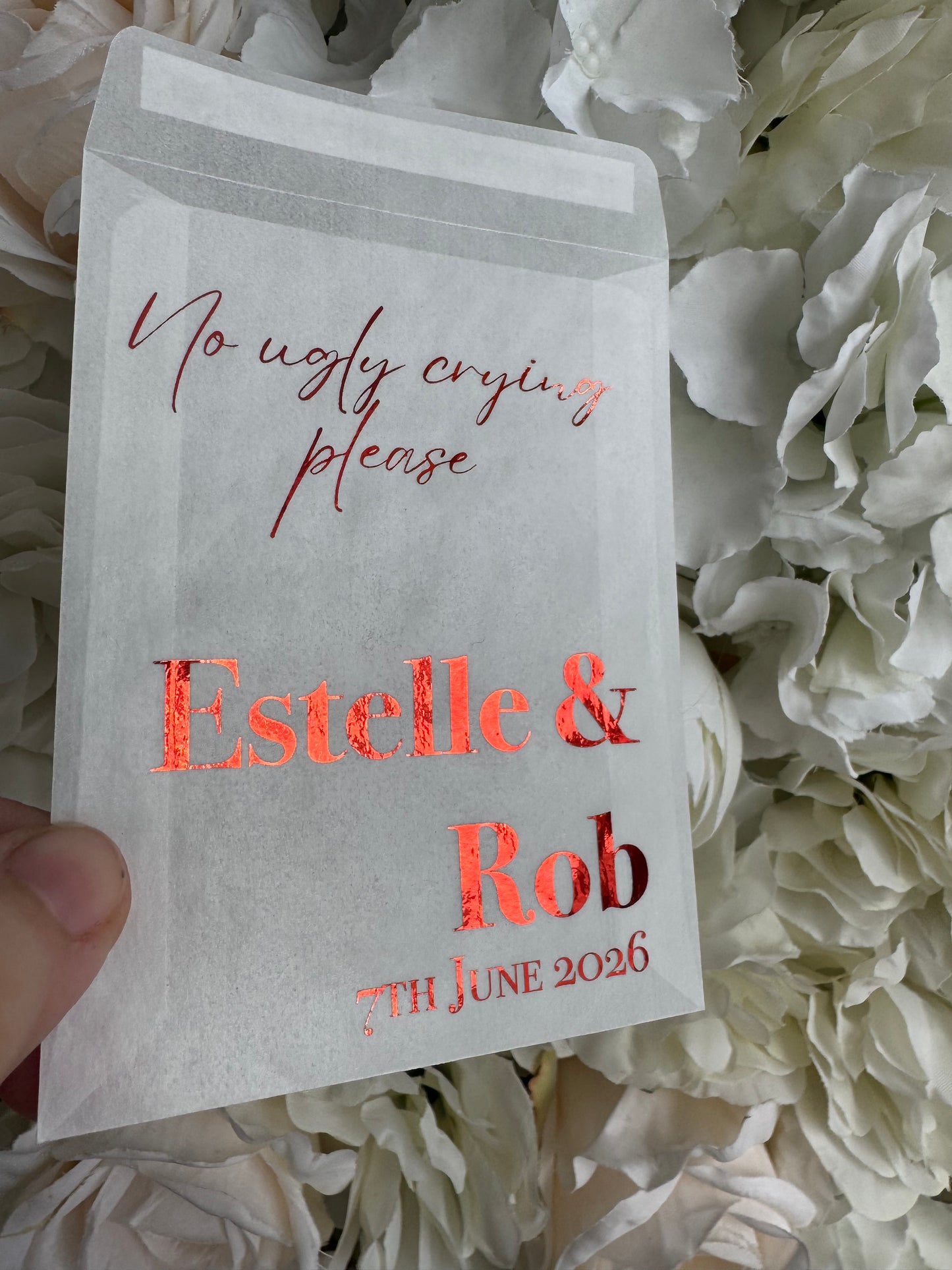 Personalised Foil Wedding Tissue Envelopes: Glassine Happy Tears Favours, No Ugly Crying Please