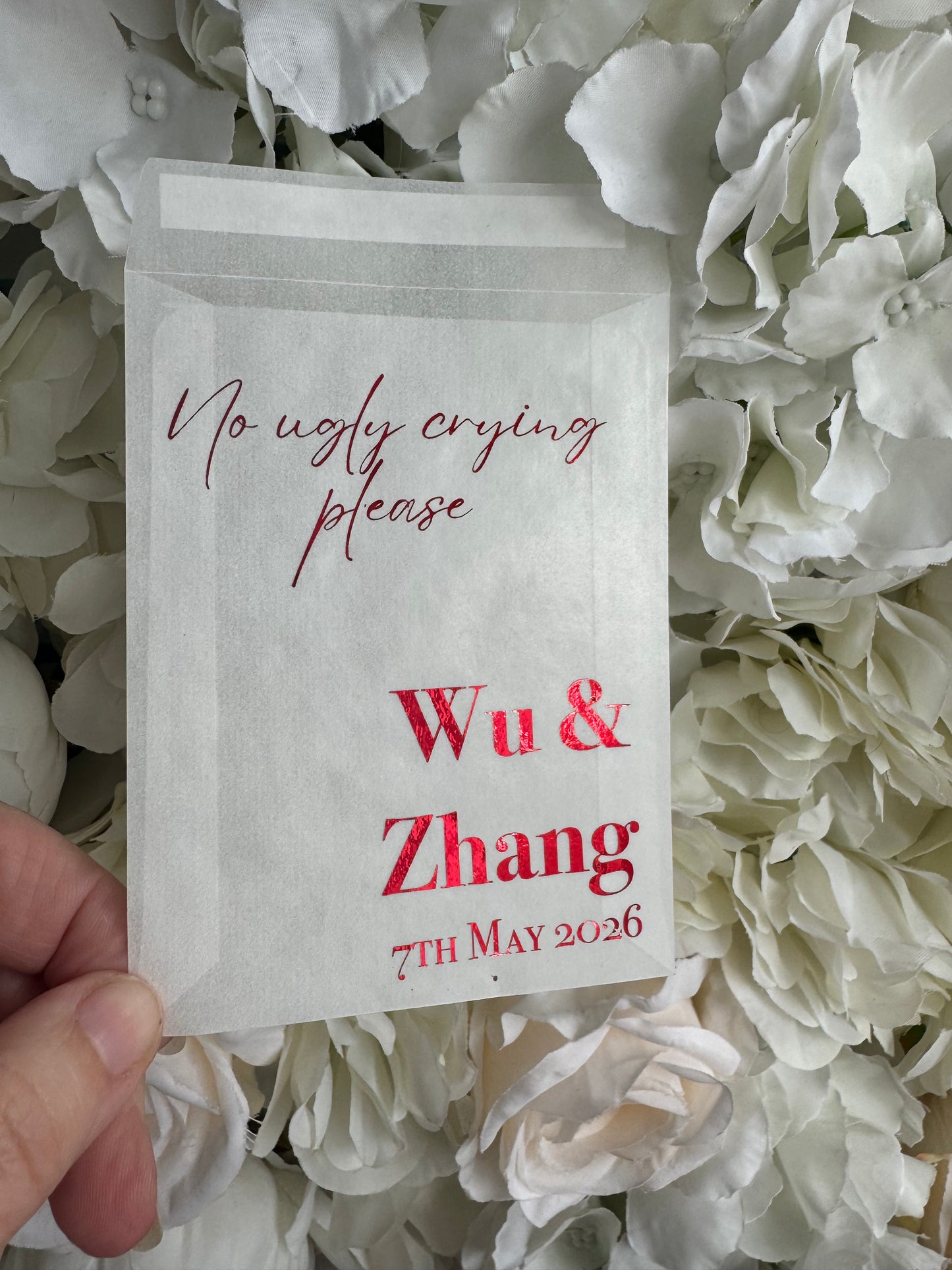 Personalised Foil Wedding Tissue Envelopes: Glassine Happy Tears Favours, No Ugly Crying Please