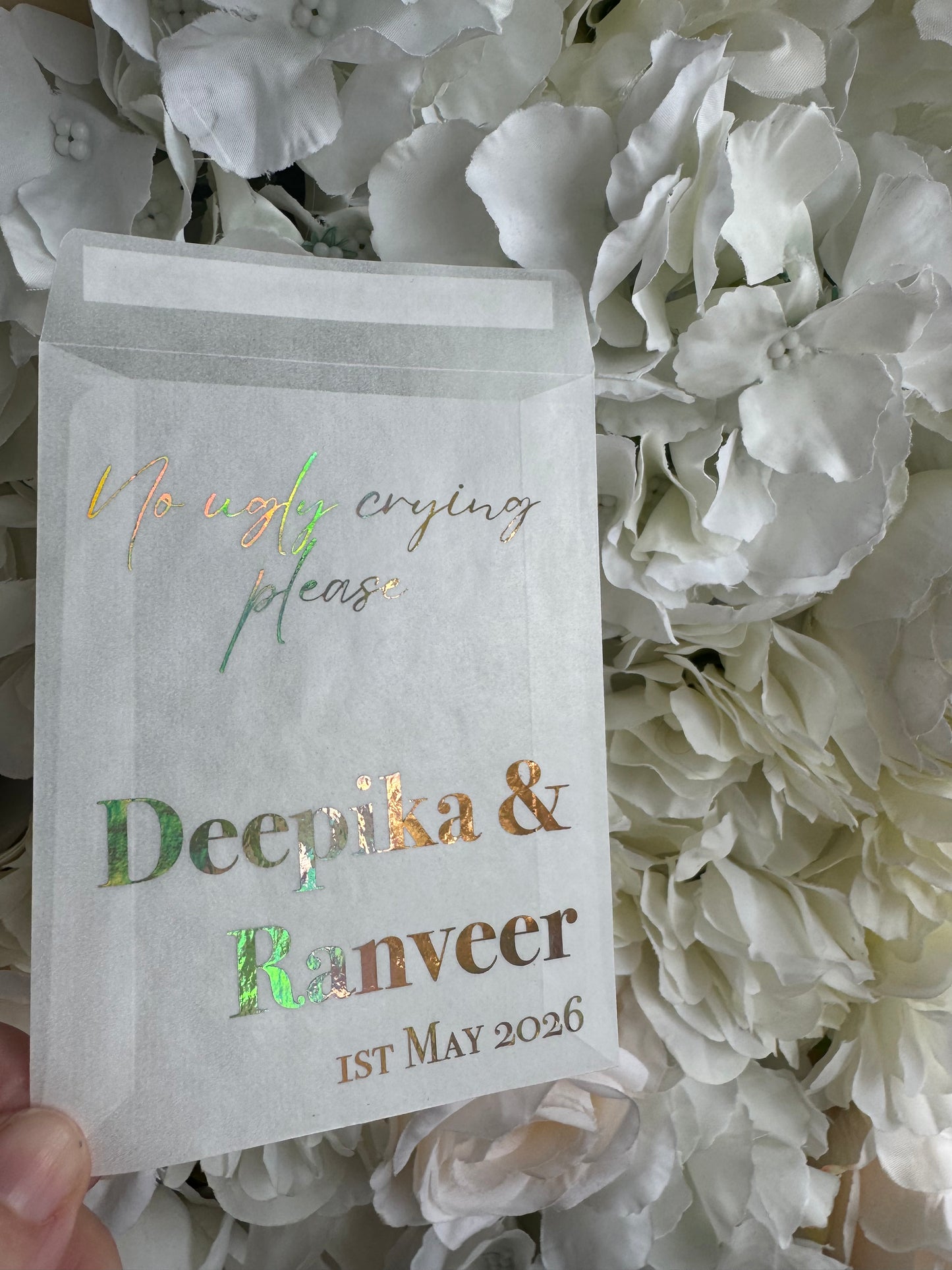 Personalised Foil Wedding Tissue Envelopes: Glassine Happy Tears Favours, No Ugly Crying Please