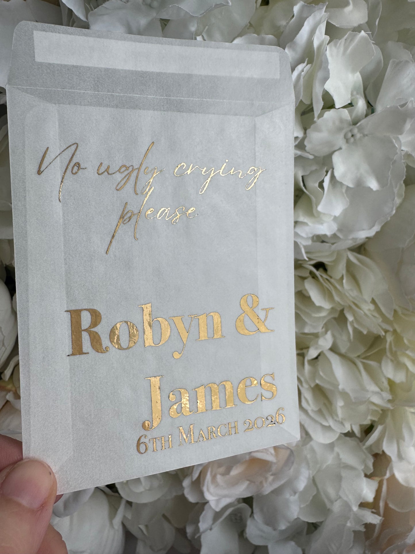 Personalised Foil Wedding Tissue Envelopes: Glassine Happy Tears Favours, No Ugly Crying Please