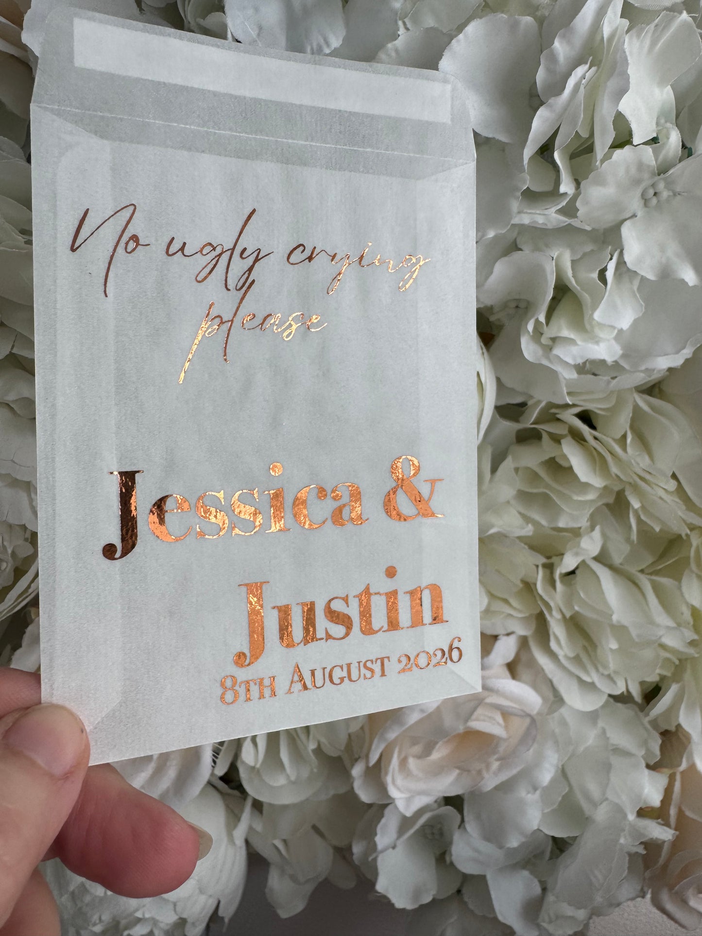 Personalised Foil Wedding Tissue Envelopes: Glassine Happy Tears Favours, No Ugly Crying Please