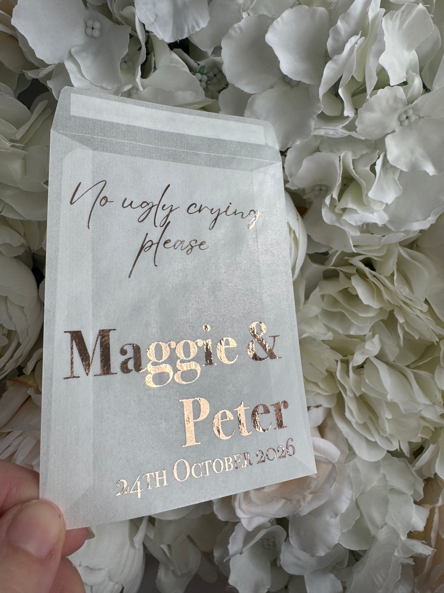 Personalised Foil Wedding Tissue Envelopes: Glassine Happy Tears Favours, No Ugly Crying Please