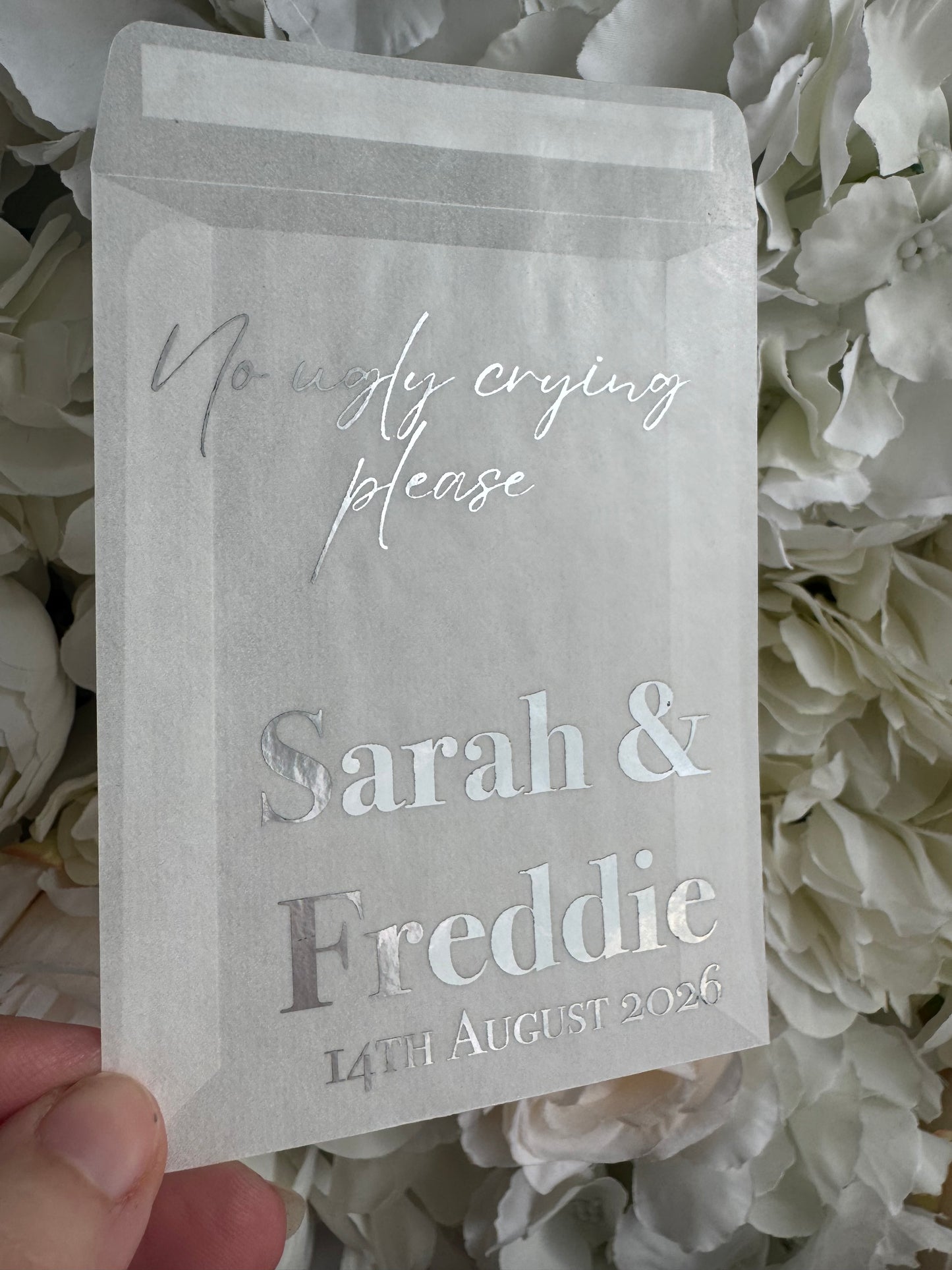 Personalised Foil Wedding Tissue Envelopes: Glassine Happy Tears Favours, No Ugly Crying Please