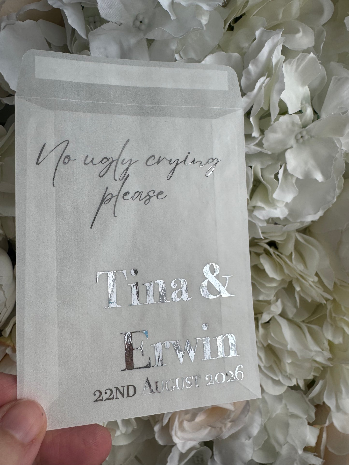 Personalised Foil Wedding Tissue Envelopes: Glassine Happy Tears Favours, No Ugly Crying Please