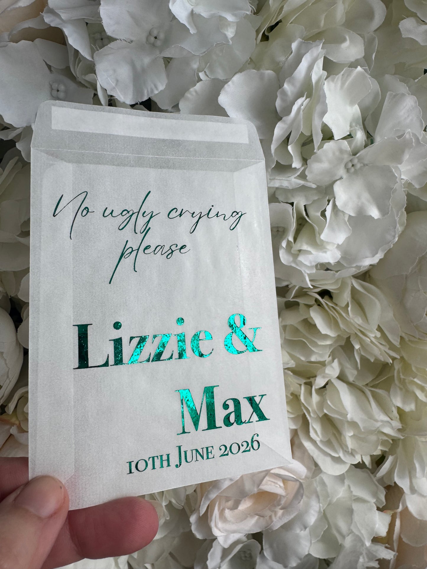 Personalised Foil Wedding Tissue Envelopes: Glassine Happy Tears Favours, No Ugly Crying Please