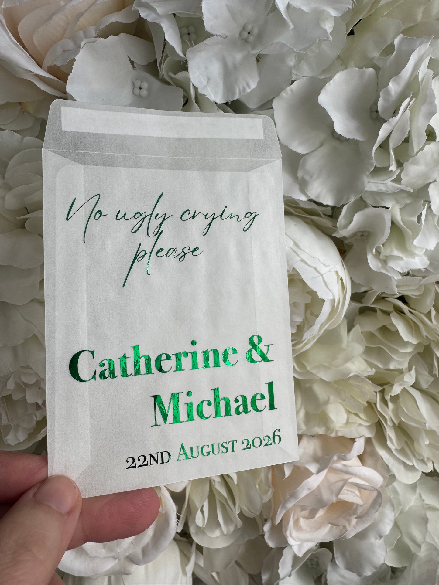 Personalised Foil Wedding Tissue Envelopes: Glassine Happy Tears Favours, No Ugly Crying Please