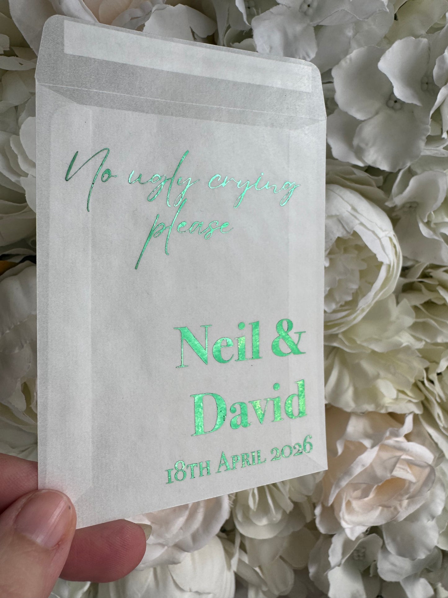 Personalised Foil Wedding Tissue Envelopes: Glassine Happy Tears Favours, No Ugly Crying Please