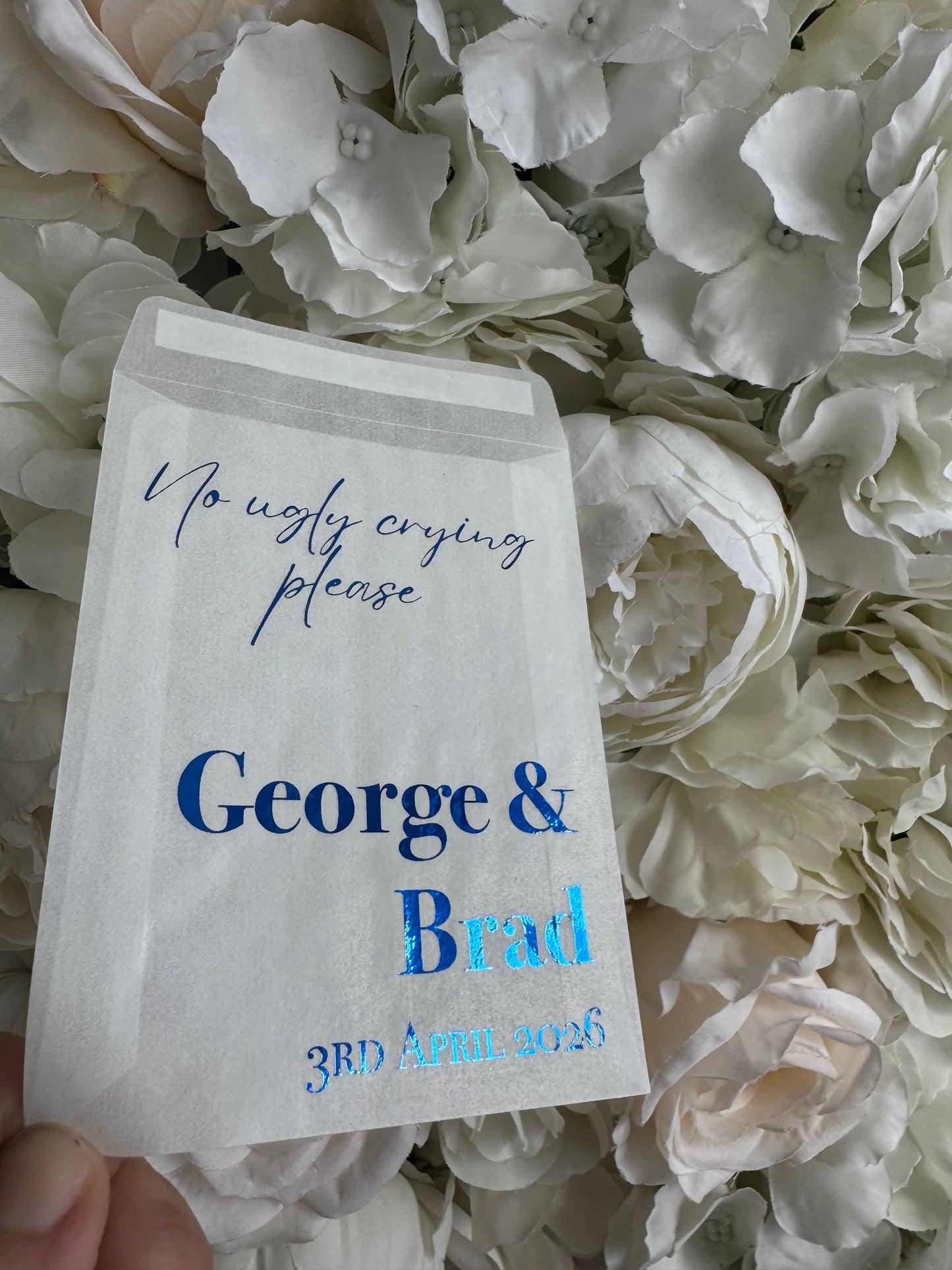 Personalised Foil Wedding Tissue Envelopes: Glassine Happy Tears Favours, No Ugly Crying Please