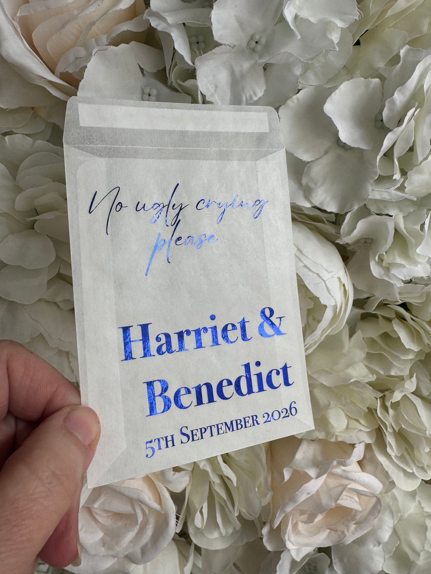 Personalised Foil Wedding Tissue Envelopes: Glassine Happy Tears Favours, No Ugly Crying Please