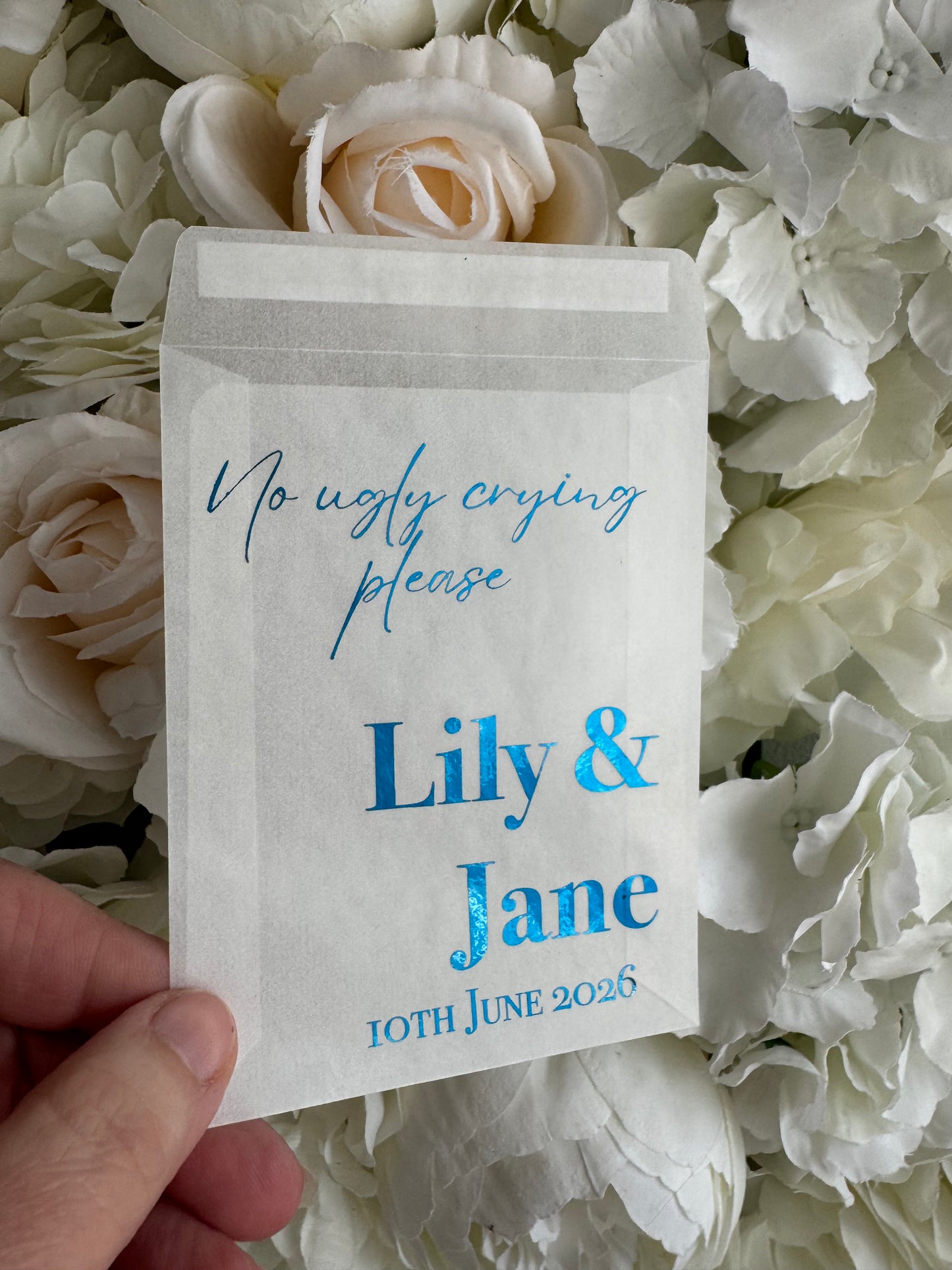 Personalised Foil Wedding Tissue Envelopes: Glassine Happy Tears Favours, No Ugly Crying Please