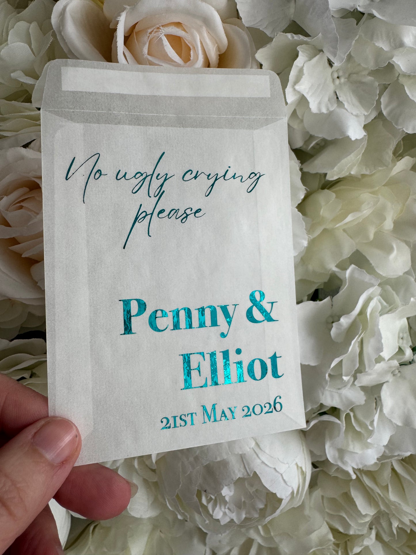 Personalised Foil Wedding Tissue Envelopes: Glassine Happy Tears Favours, No Ugly Crying Please