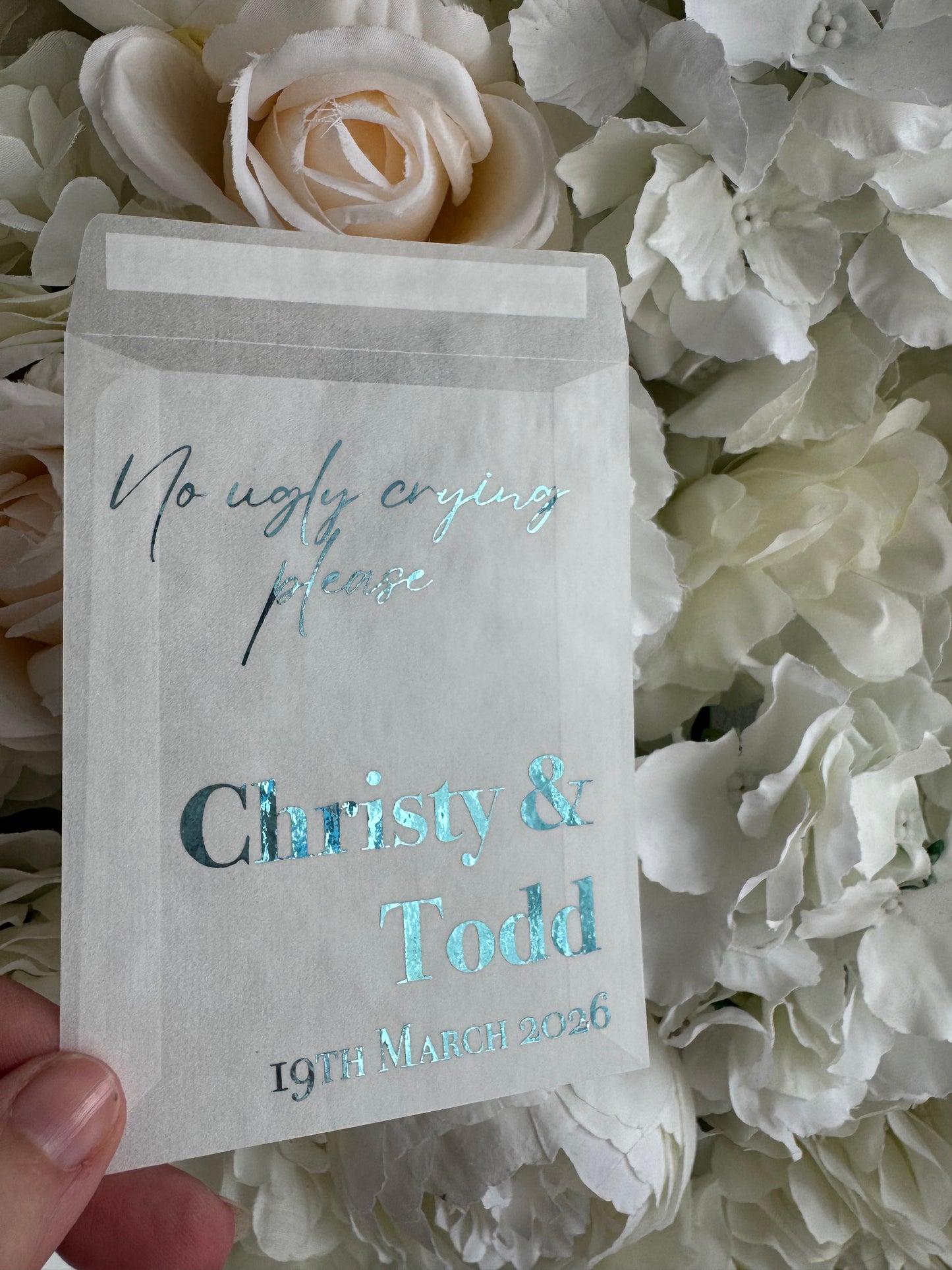 Personalised Foil Wedding Tissue Envelopes: Glassine Happy Tears Favours, No Ugly Crying Please