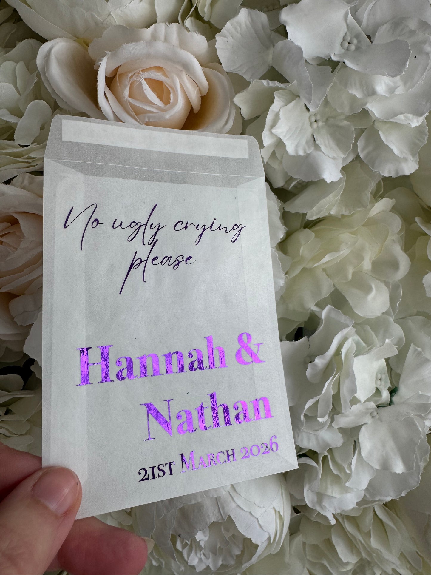 Personalised Foil Wedding Tissue Envelopes: Glassine Happy Tears Favours, No Ugly Crying Please