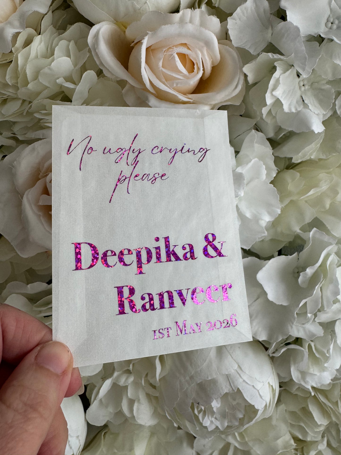Personalised Foil Wedding Tissue Envelopes: Glassine Happy Tears Favours, No Ugly Crying Please