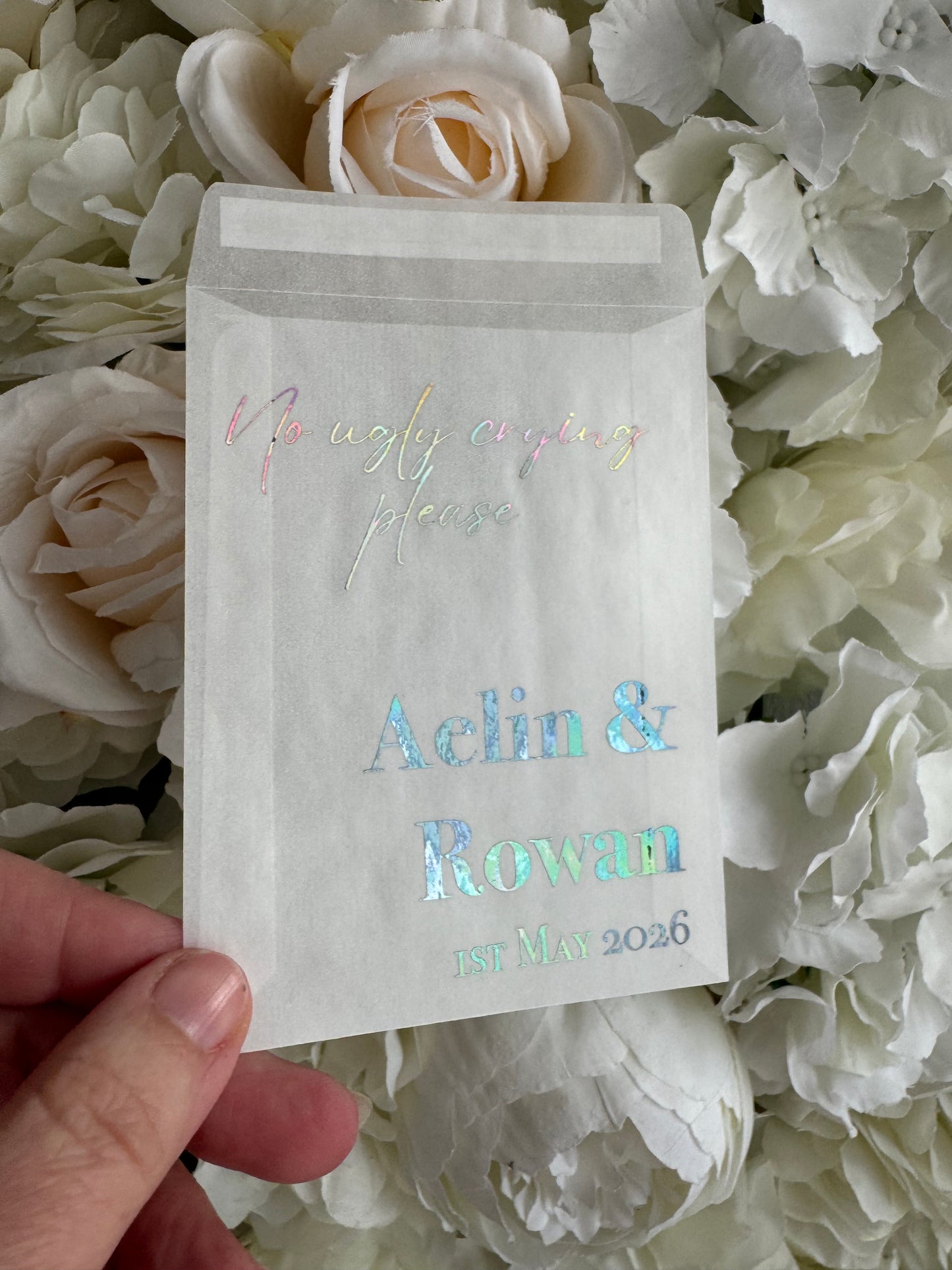 Personalised Foil Wedding Tissue Envelopes: Glassine Happy Tears Favours, No Ugly Crying Please