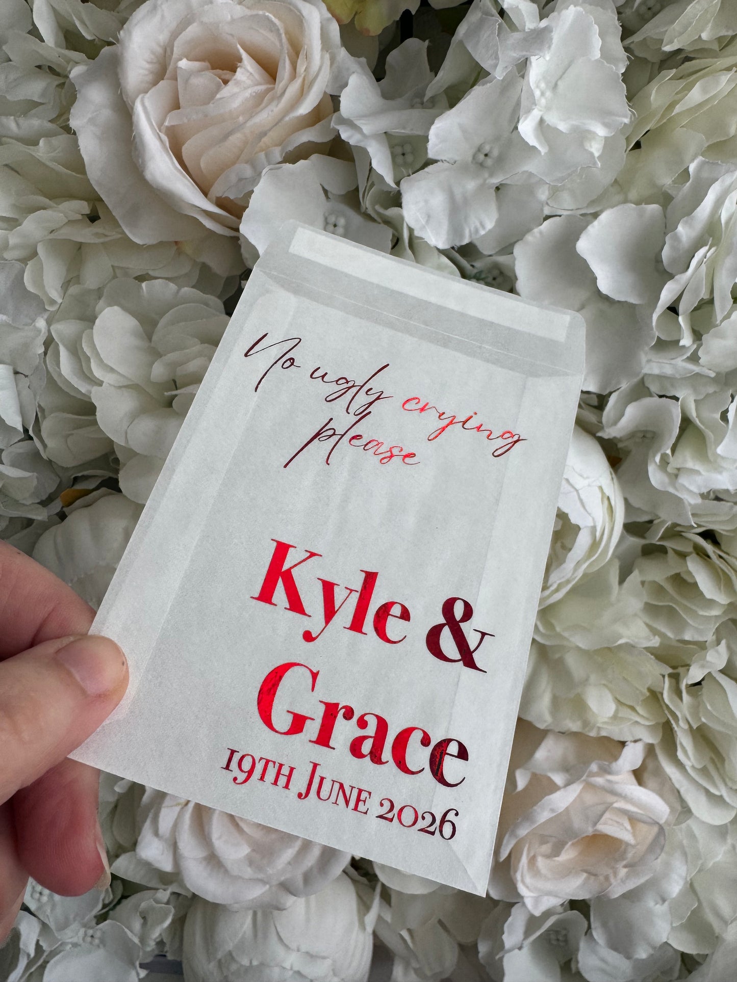 Personalised Foil Wedding Tissue Envelopes: Glassine Happy Tears Favours, No Ugly Crying Please