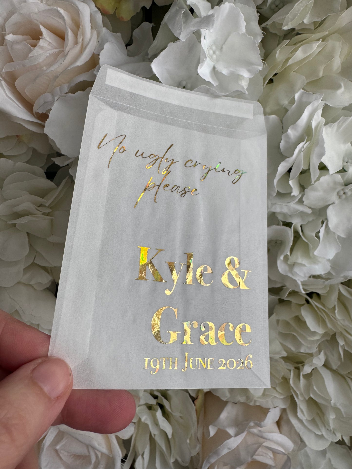 Personalised Foil Wedding Tissue Envelopes: Glassine Happy Tears Favours, No Ugly Crying Please