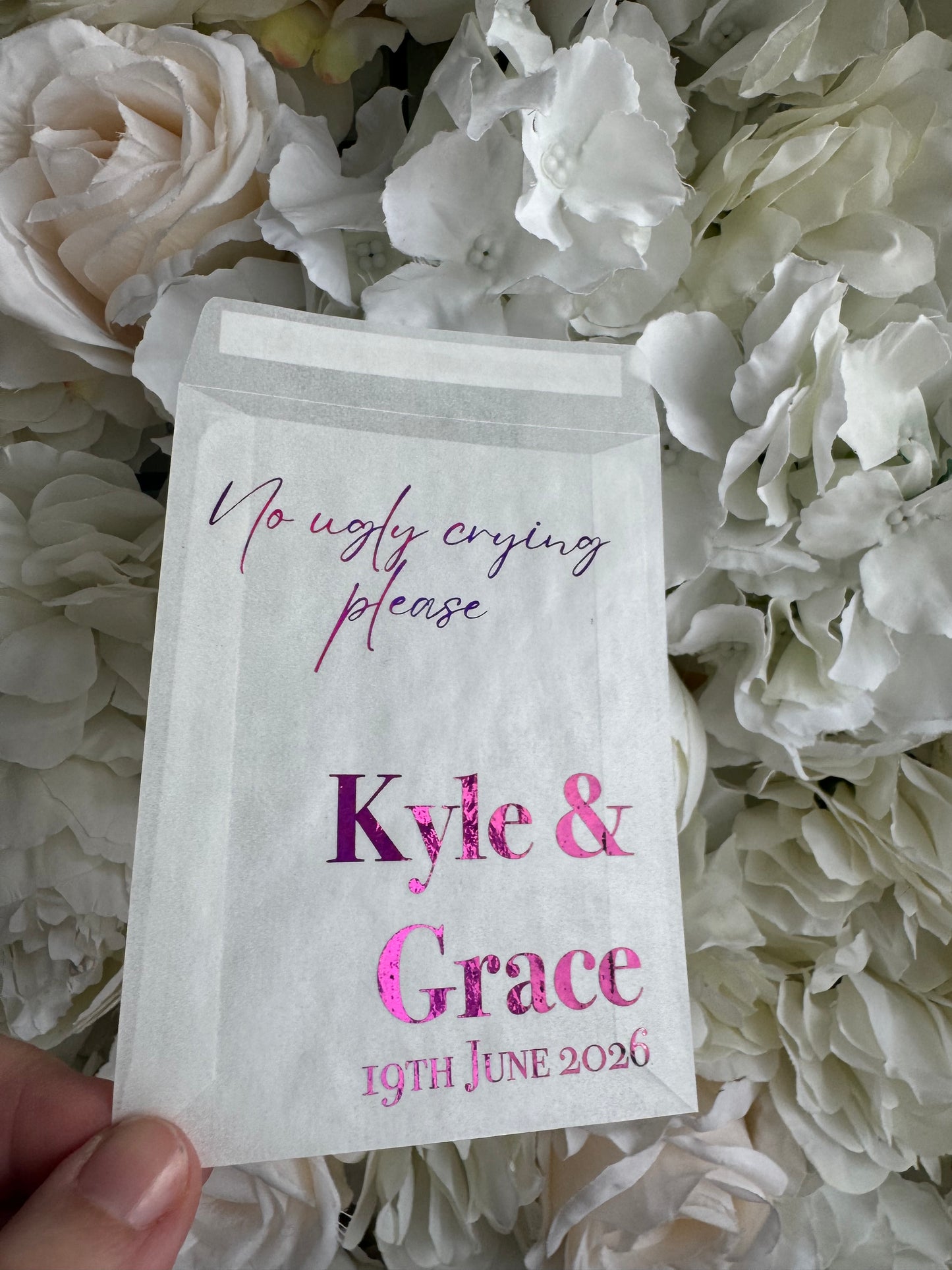 Personalised Foil Wedding Tissue Envelopes: Glassine Happy Tears Favours, No Ugly Crying Please