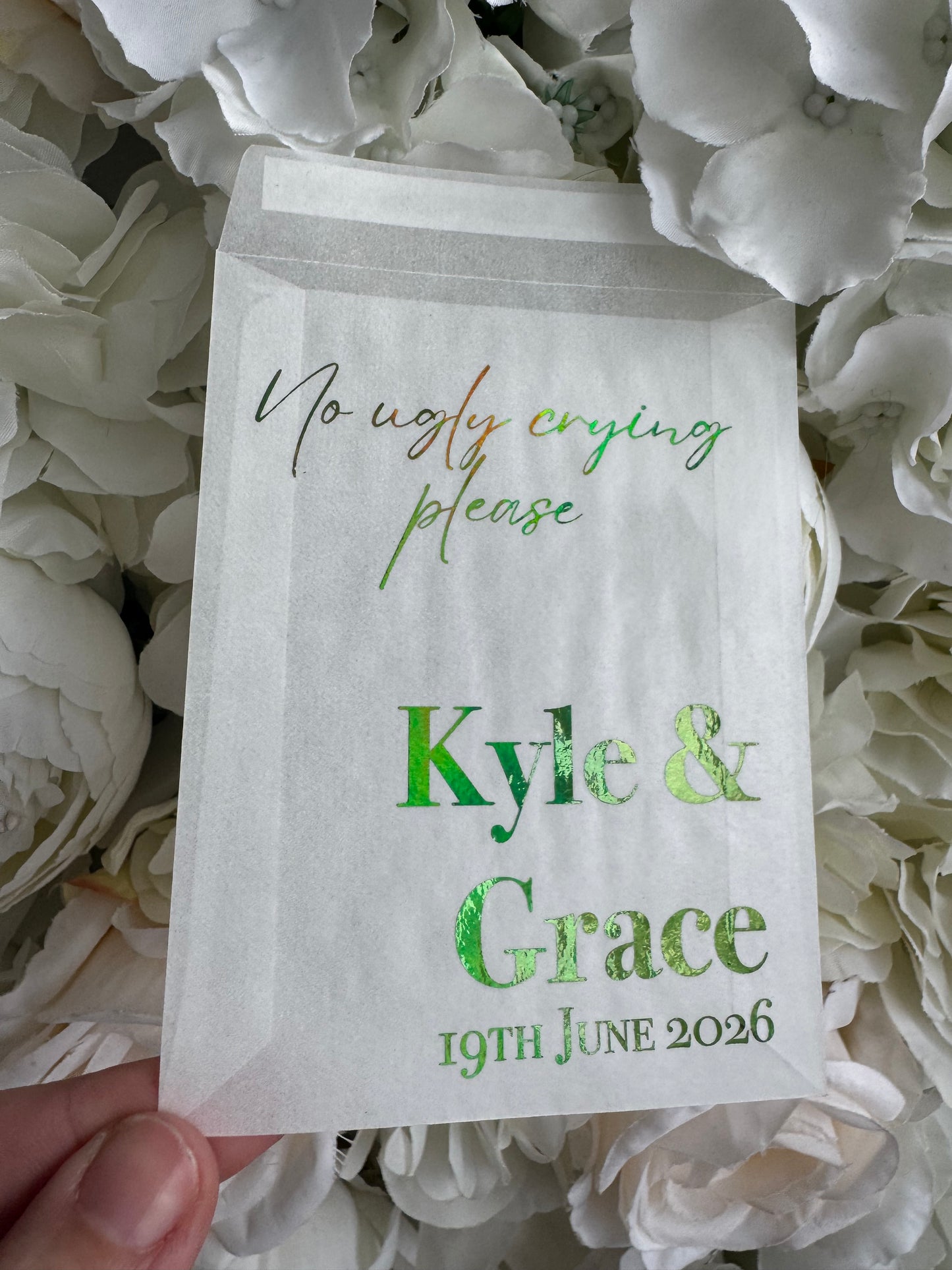 Personalised Foil Wedding Tissue Envelopes: Glassine Happy Tears Favours, No Ugly Crying Please