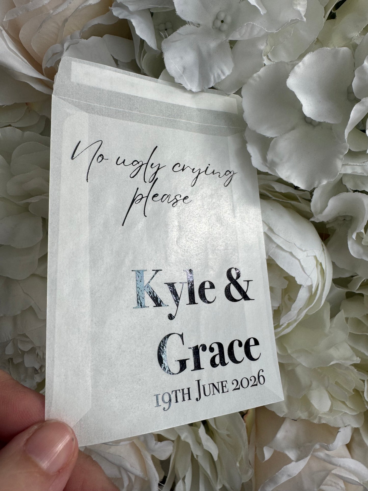Personalised Foil Wedding Tissue Envelopes: Glassine Happy Tears Favours, No Ugly Crying Please