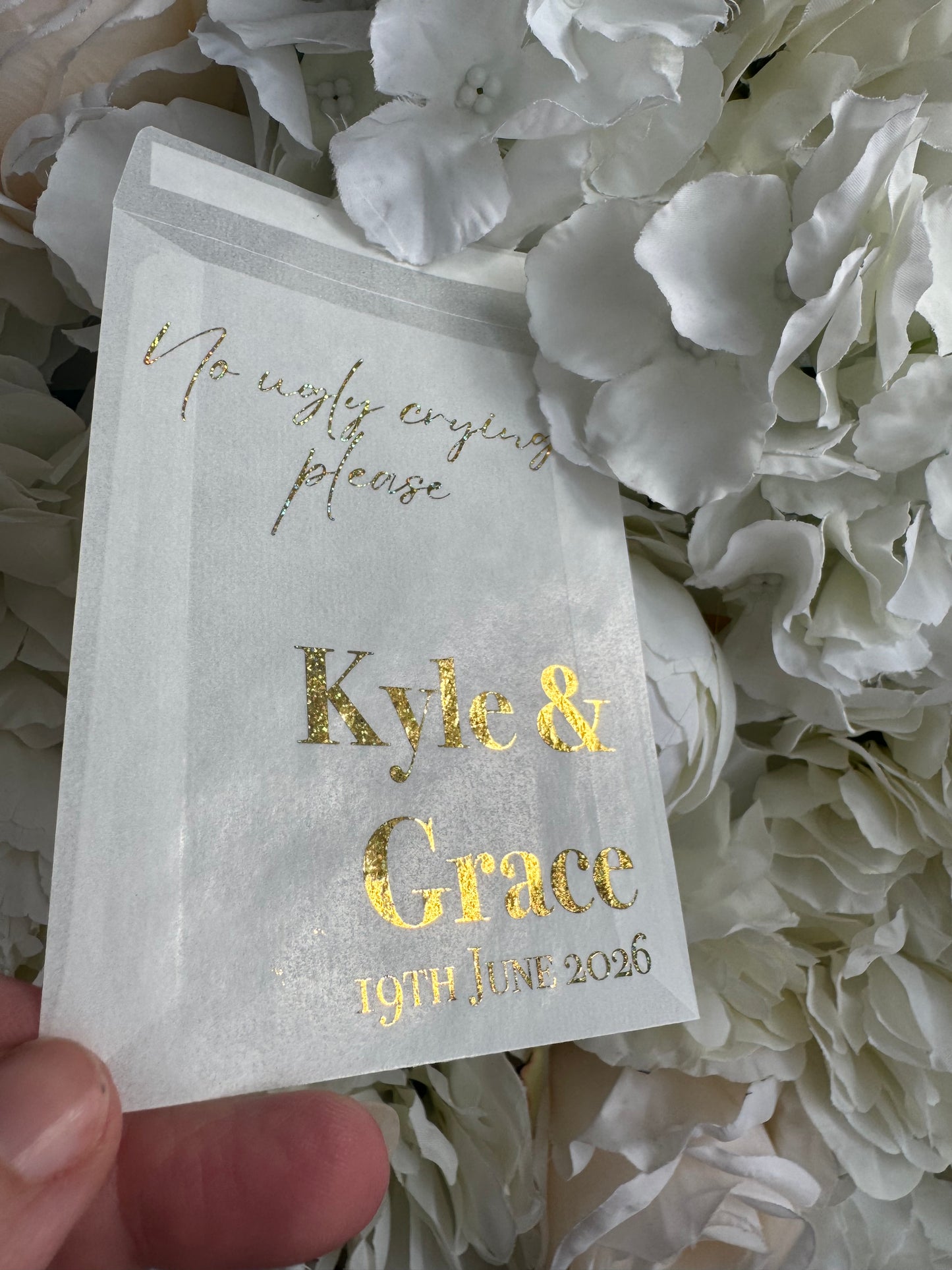 Personalised Foil Wedding Tissue Envelopes: Glassine Happy Tears Favours, No Ugly Crying Please