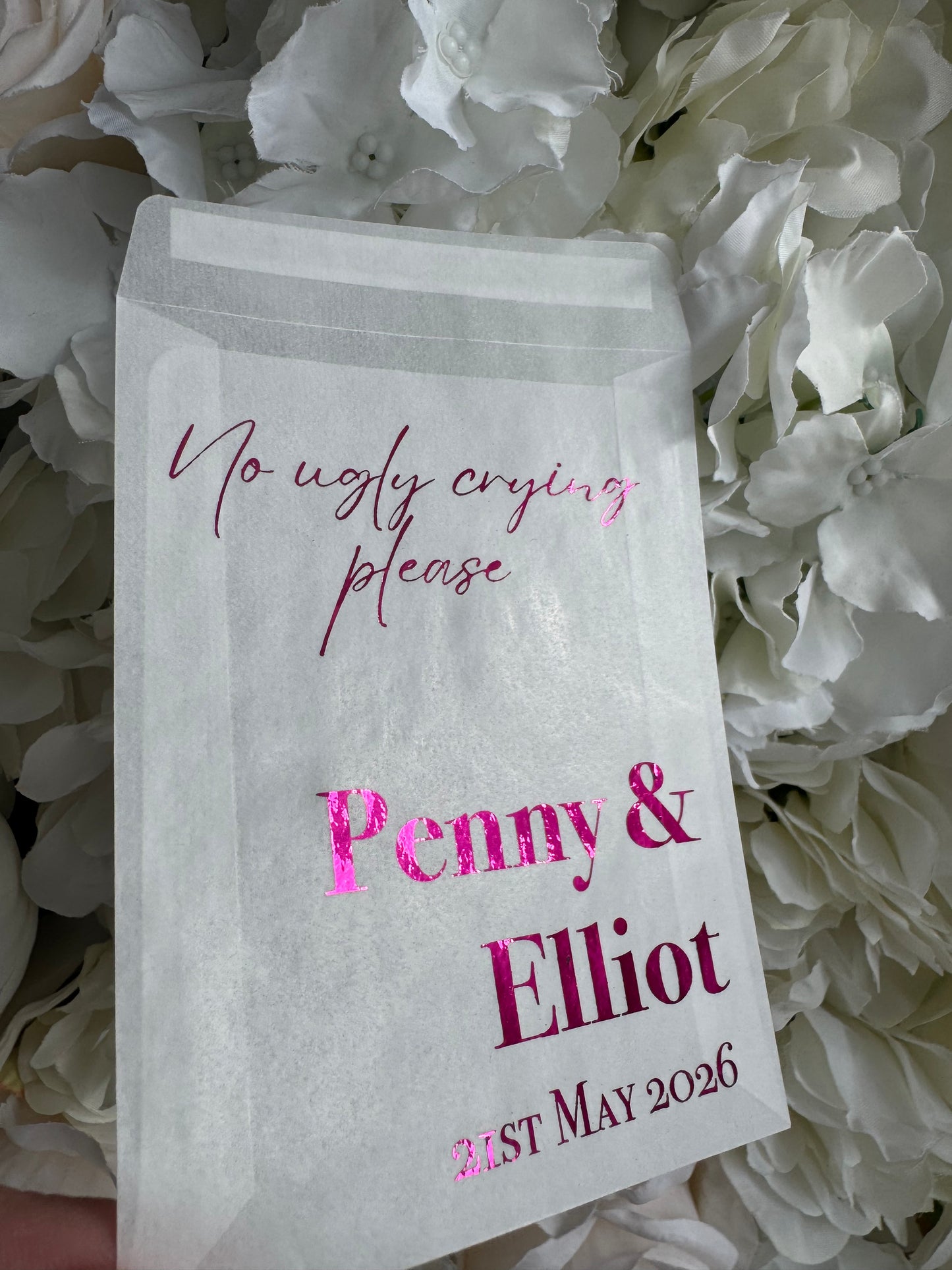Personalised Foil Wedding Tissue Envelopes: Glassine Happy Tears Favours, No Ugly Crying Please