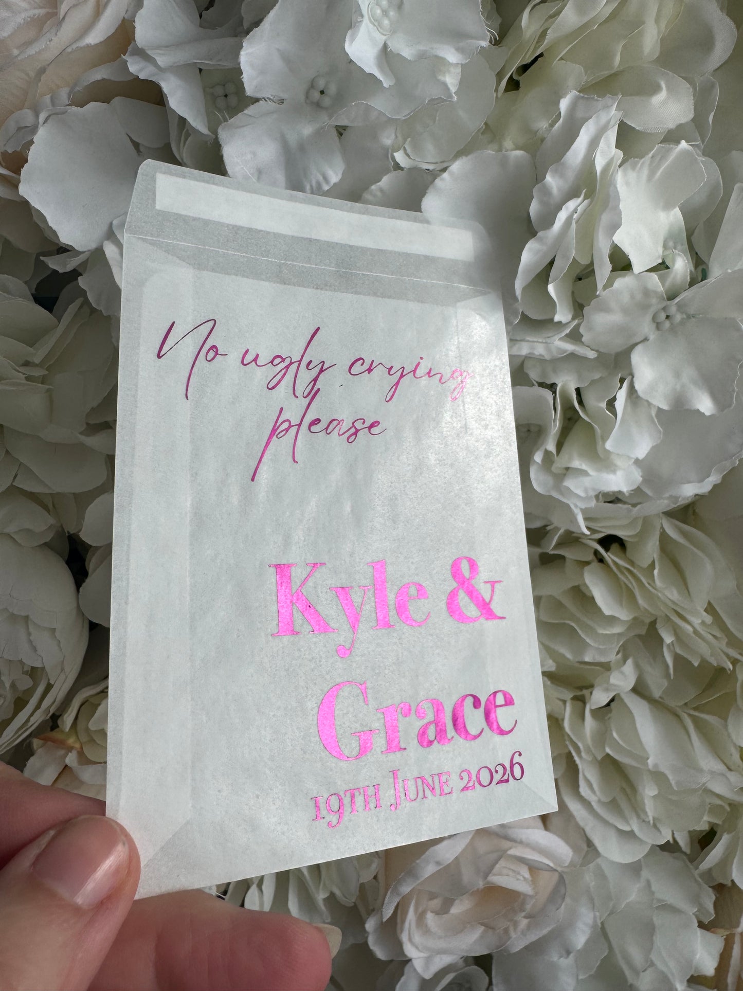 Personalised Foil Wedding Tissue Envelopes: Glassine Happy Tears Favours, No Ugly Crying Please