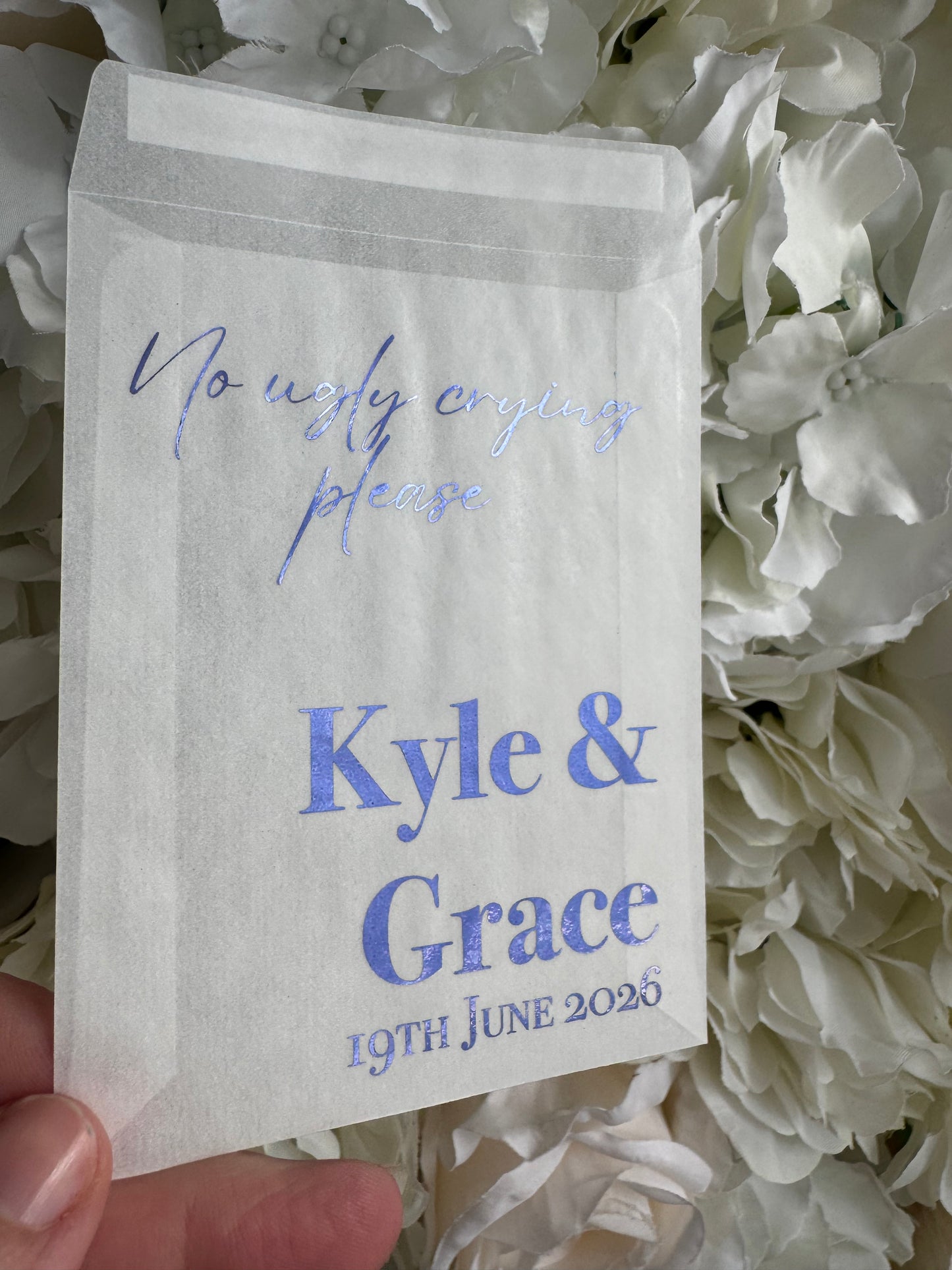 Personalised Foil Wedding Tissue Envelopes: Glassine Happy Tears Favours, No Ugly Crying Please