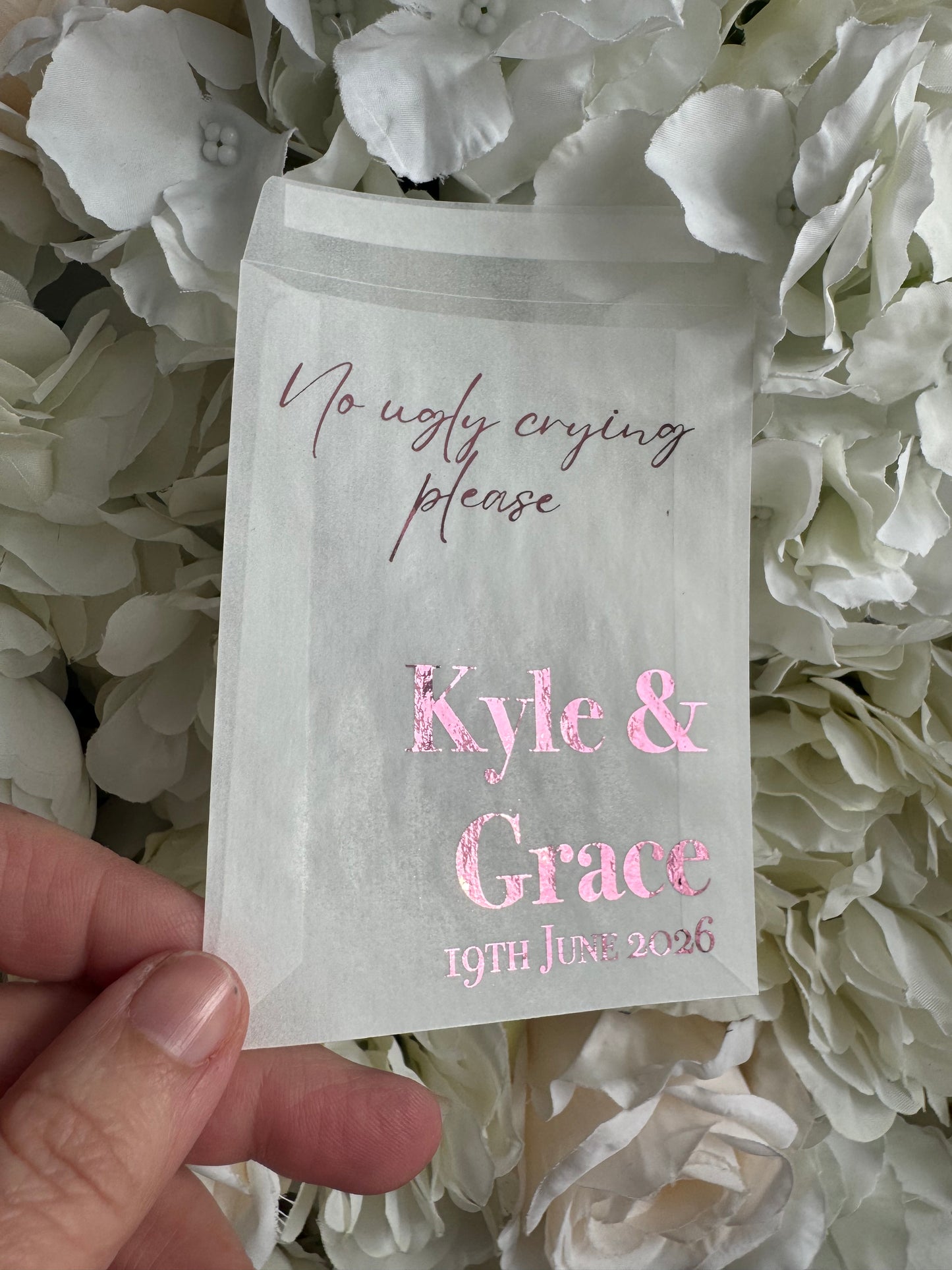 Personalised Foil Wedding Tissue Envelopes: Glassine Happy Tears Favours, No Ugly Crying Please