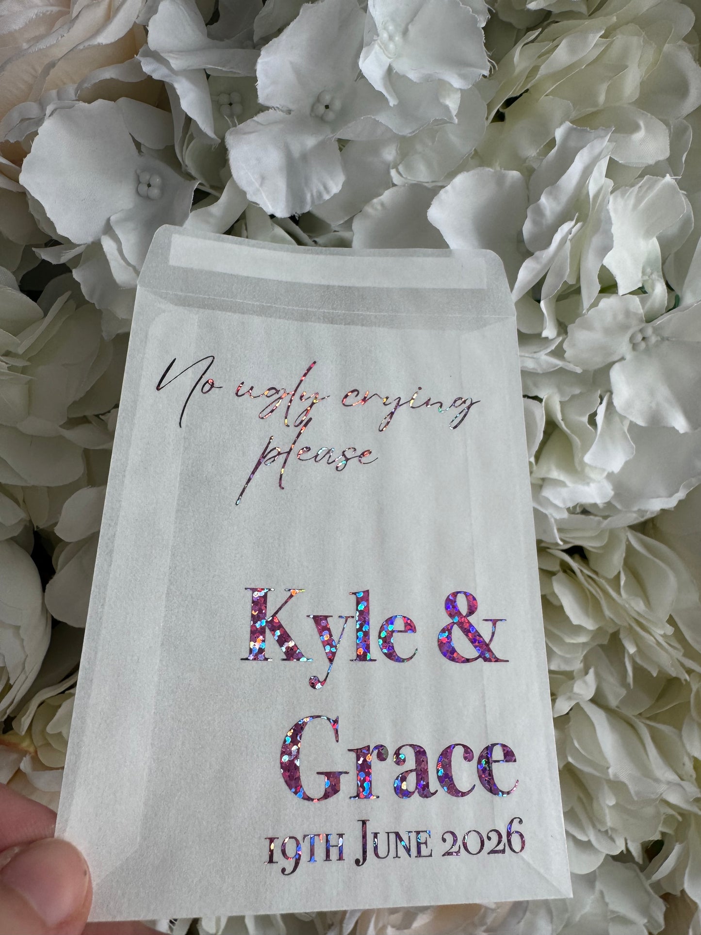 Personalised Foil Wedding Tissue Envelopes: Glassine Happy Tears Favours, No Ugly Crying Please
