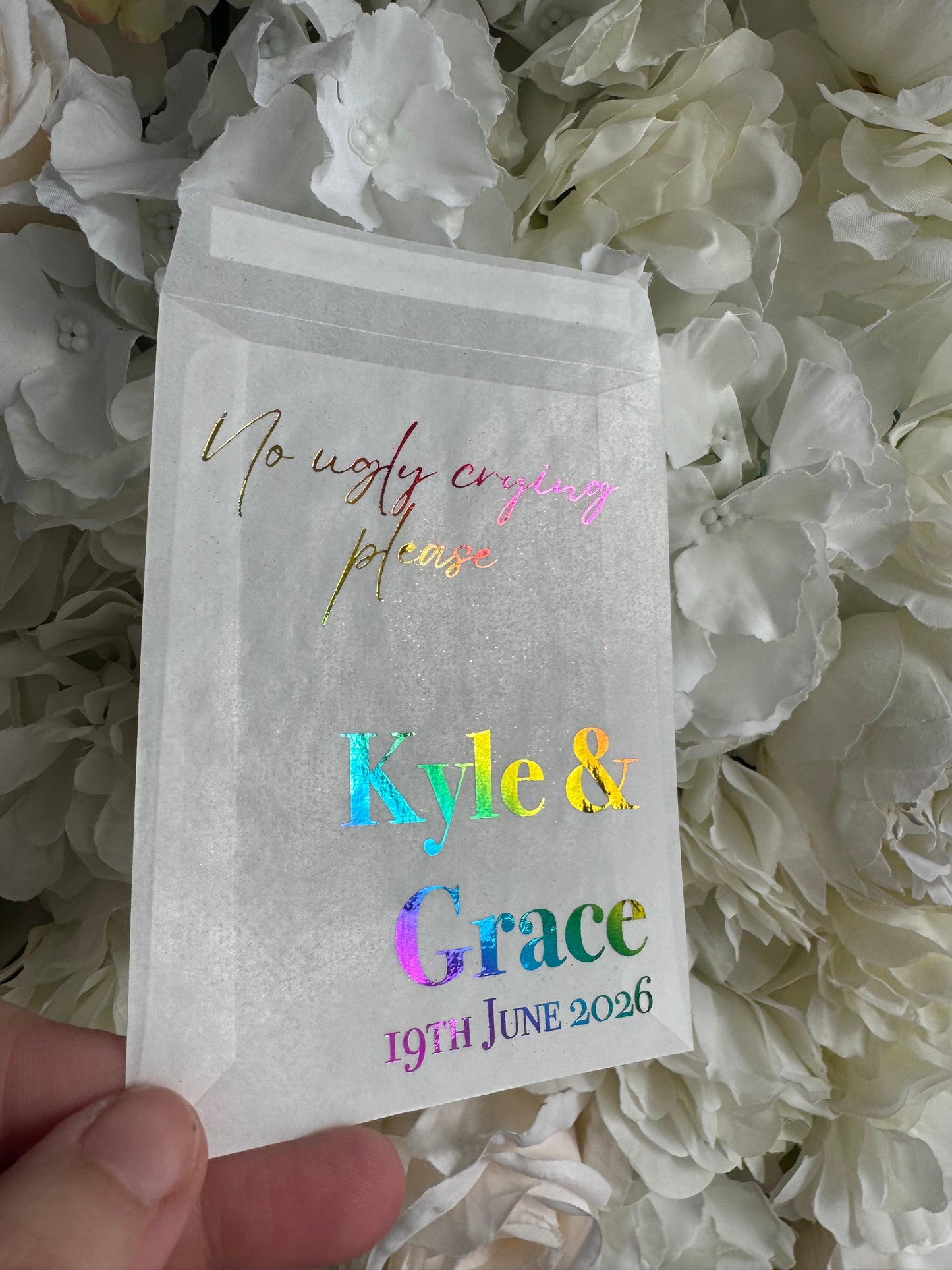 Personalised Foil Wedding Tissue Envelopes: Glassine Happy Tears Favours, No Ugly Crying Please