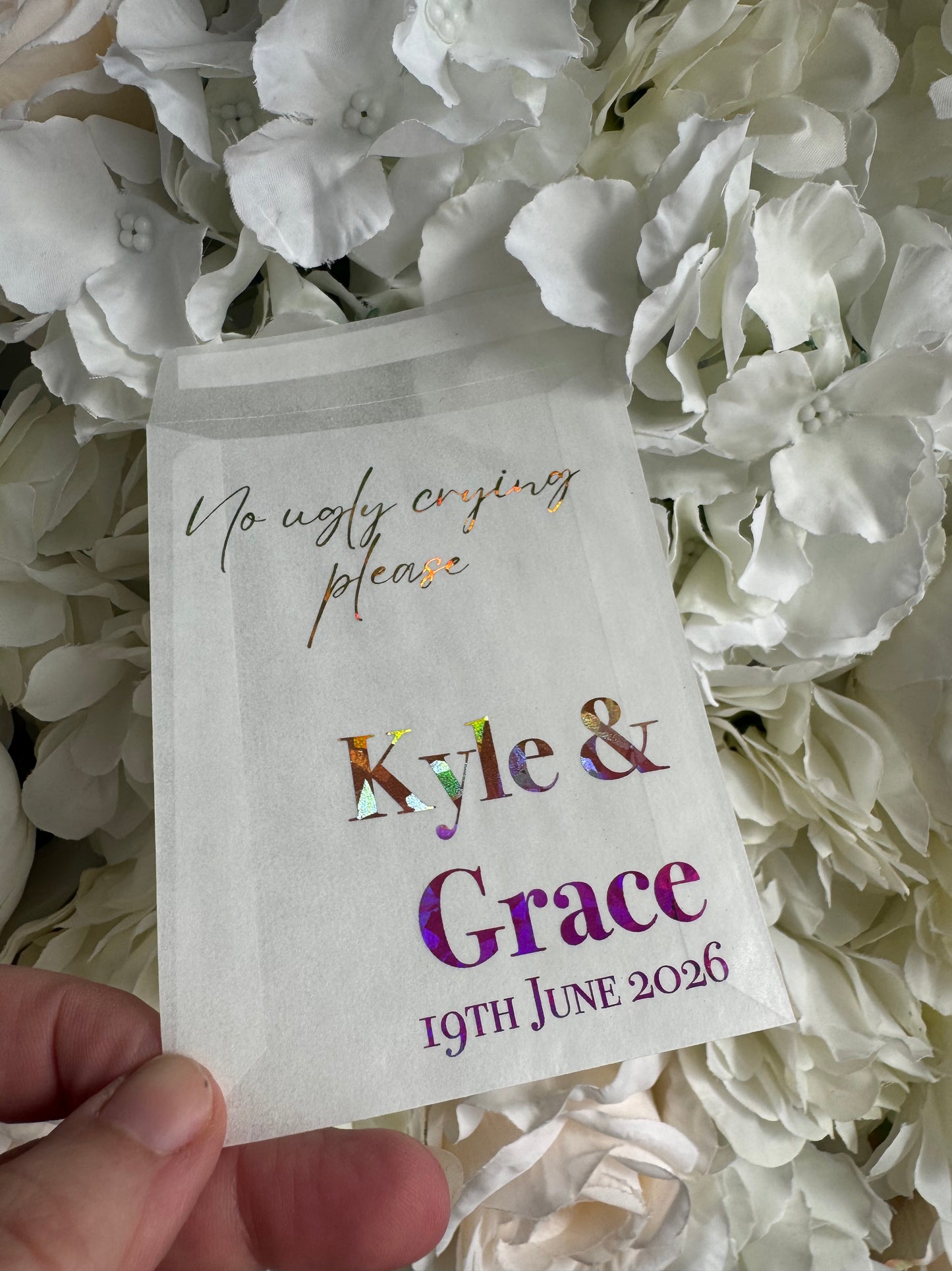 Personalised Foil Wedding Tissue Envelopes: Glassine Happy Tears Favours, No Ugly Crying Please