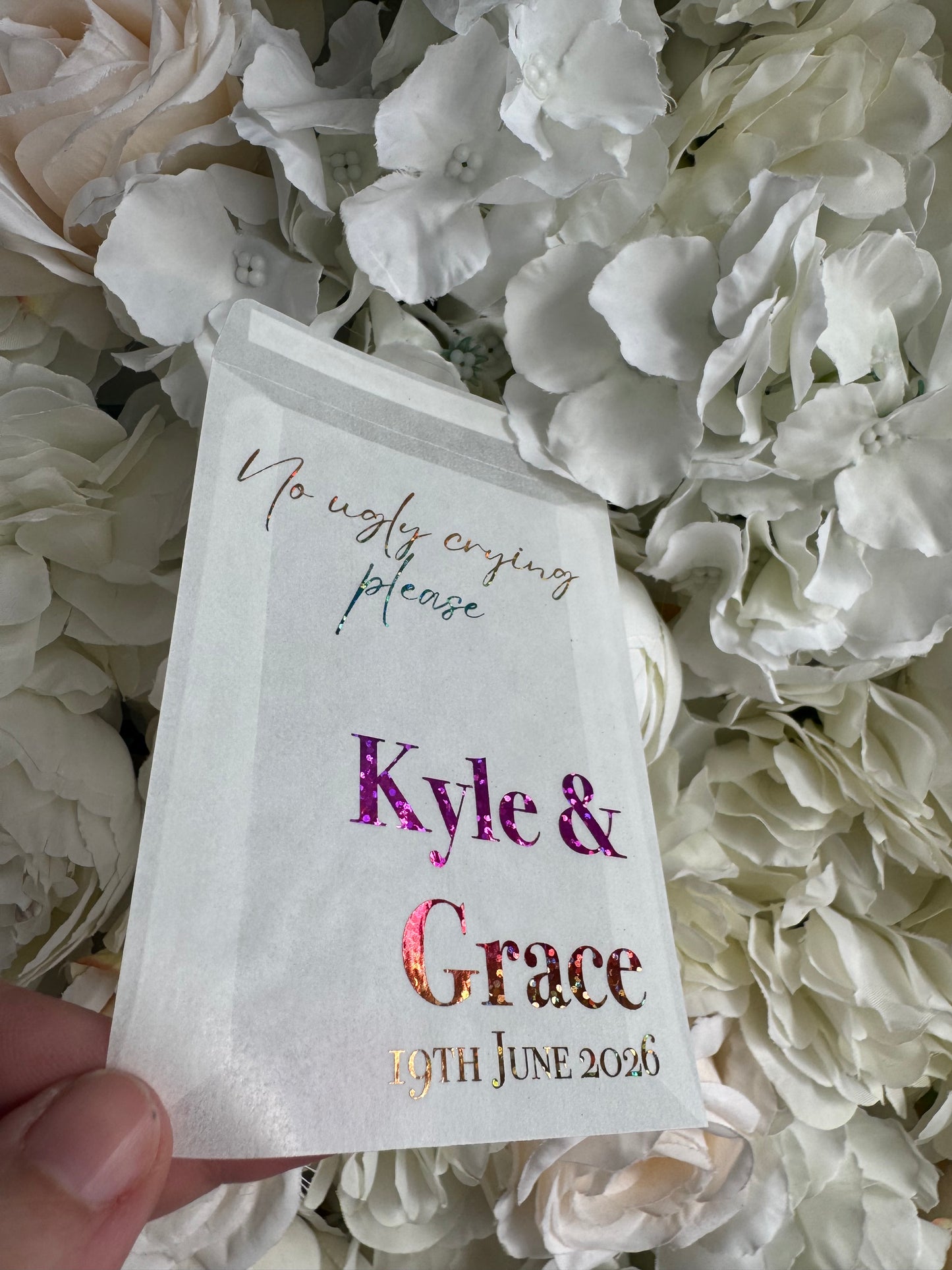 Personalised Foil Wedding Tissue Envelopes: Glassine Happy Tears Favours, No Ugly Crying Please