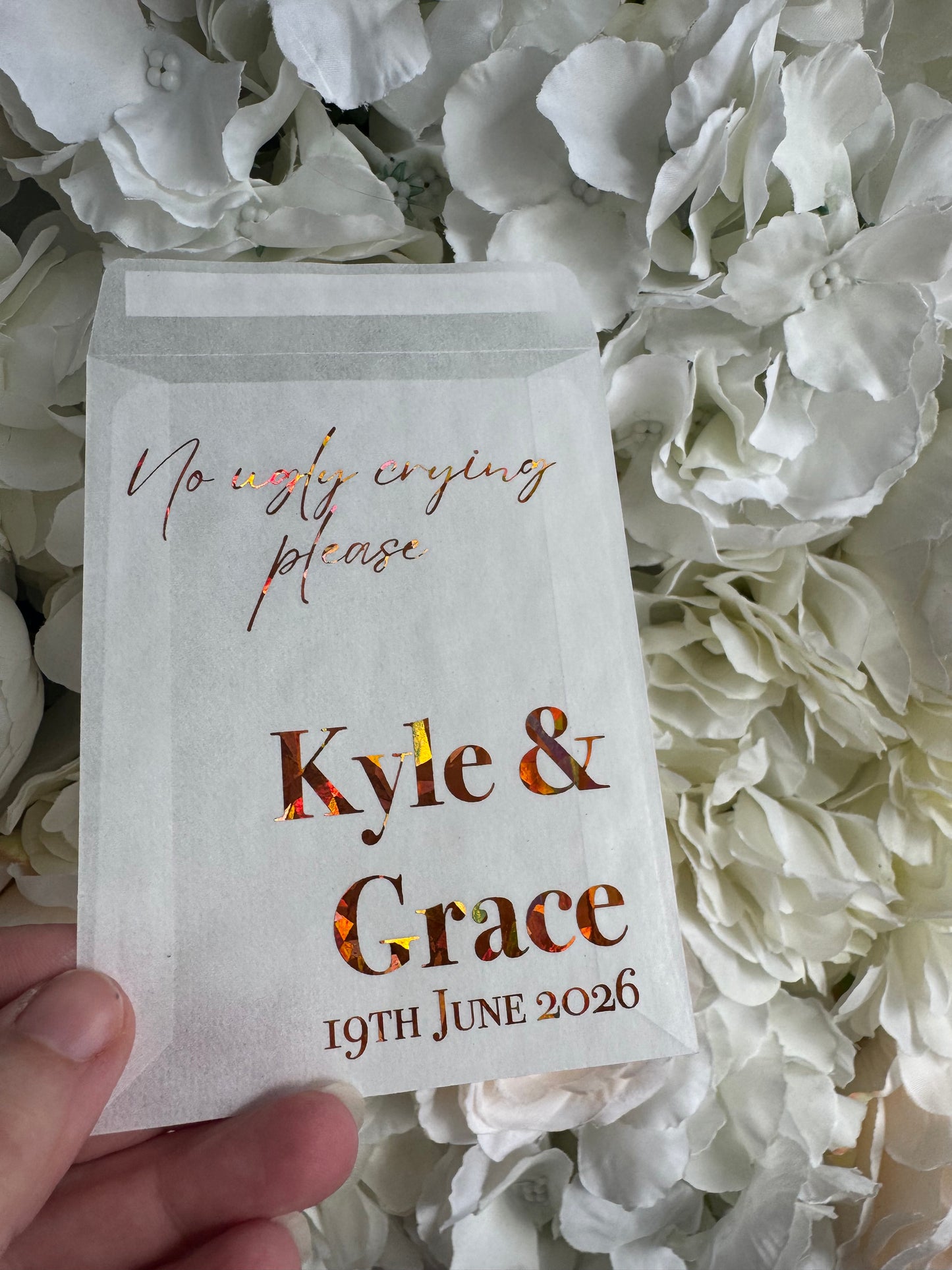 Personalised Foil Wedding Tissue Envelopes: Glassine Happy Tears Favours, No Ugly Crying Please
