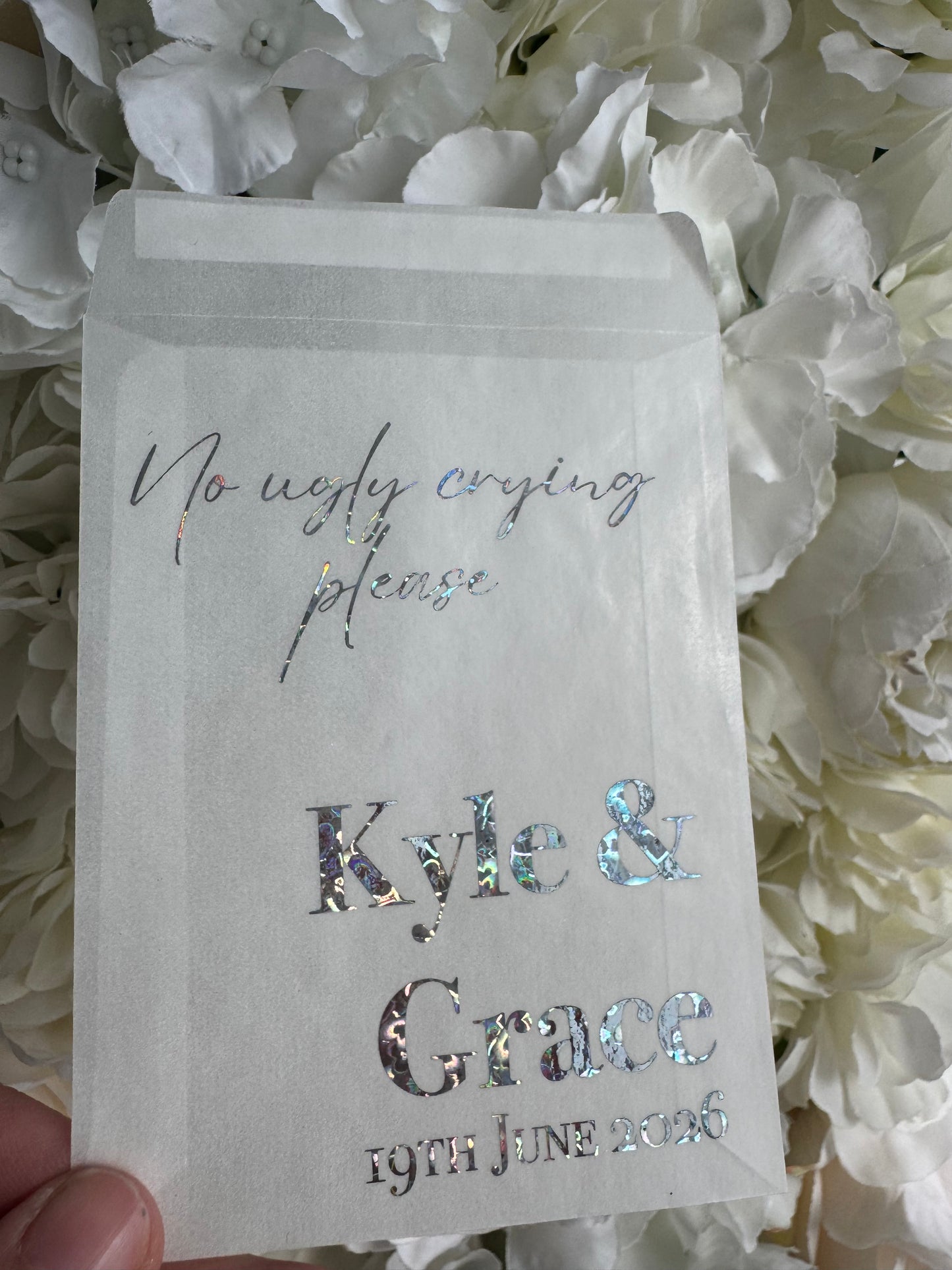 Personalised Foil Wedding Tissue Envelopes: Glassine Happy Tears Favours, No Ugly Crying Please