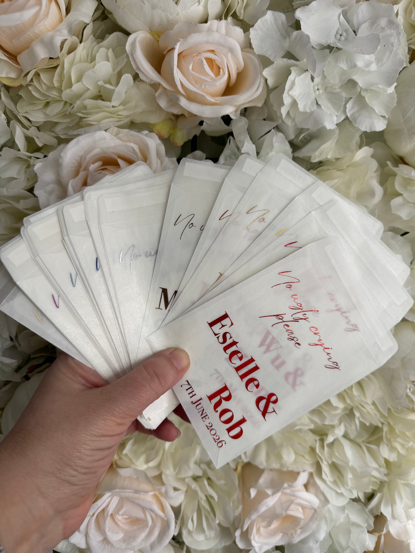 Personalised Foil Wedding Tissue Envelopes: Glassine Happy Tears Favours, No Ugly Crying Please
