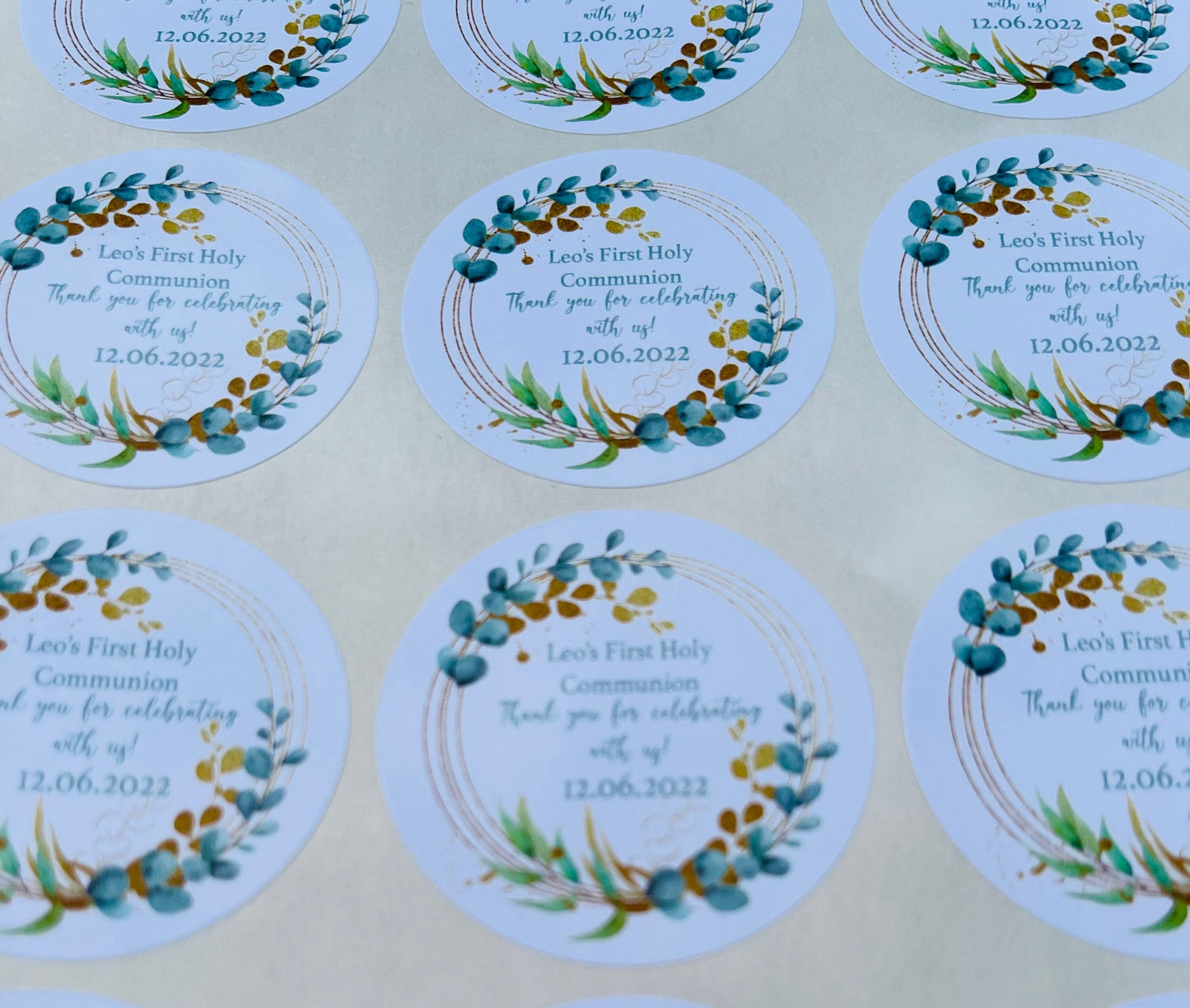 Personalised Holy Communion Stickers Party Bag Thank You Seals Sweet Cones Eucalyptus wreath
