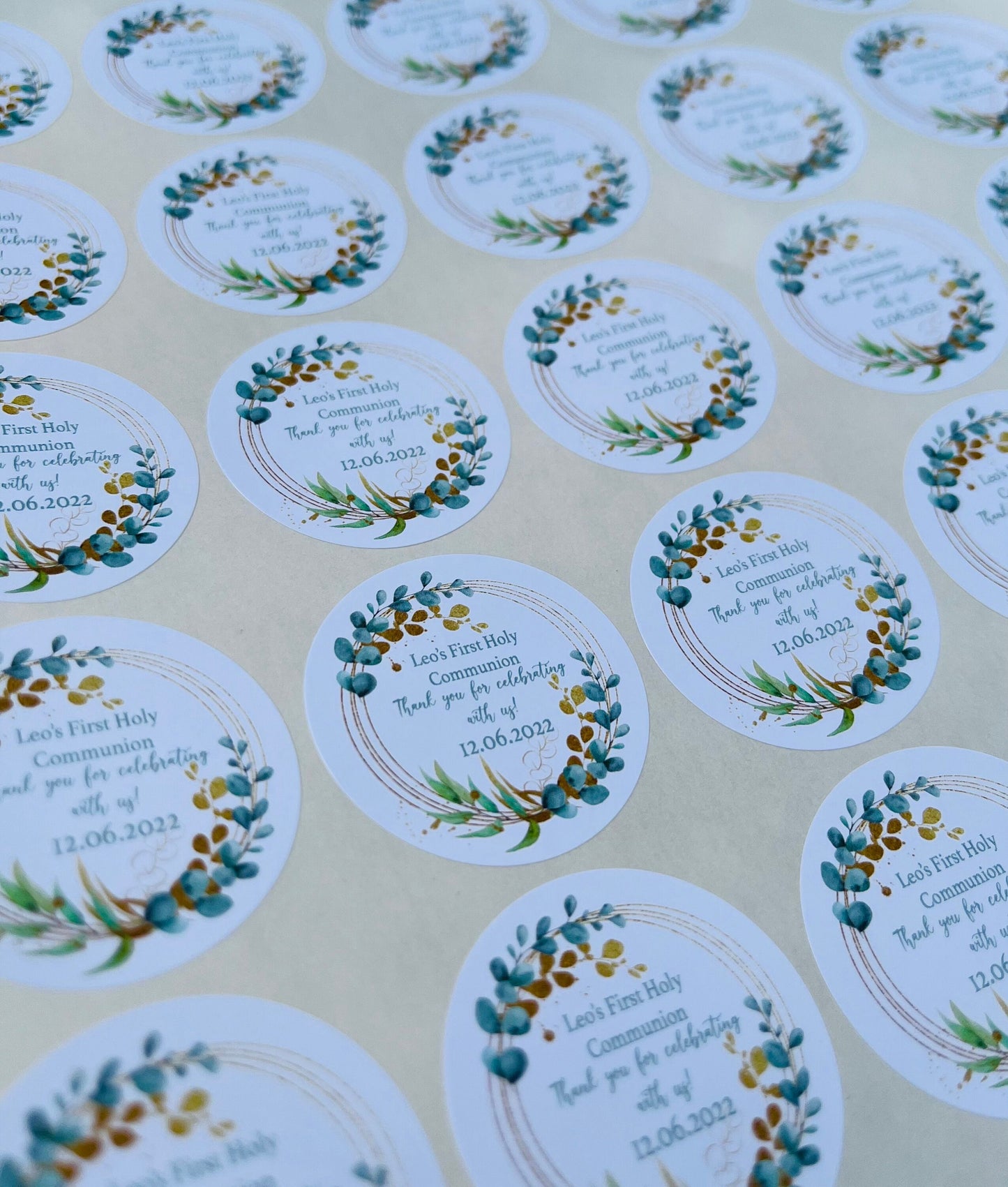 Personalised Holy Communion Stickers Party Bag Thank You Seals Sweet Cones Eucalyptus wreath