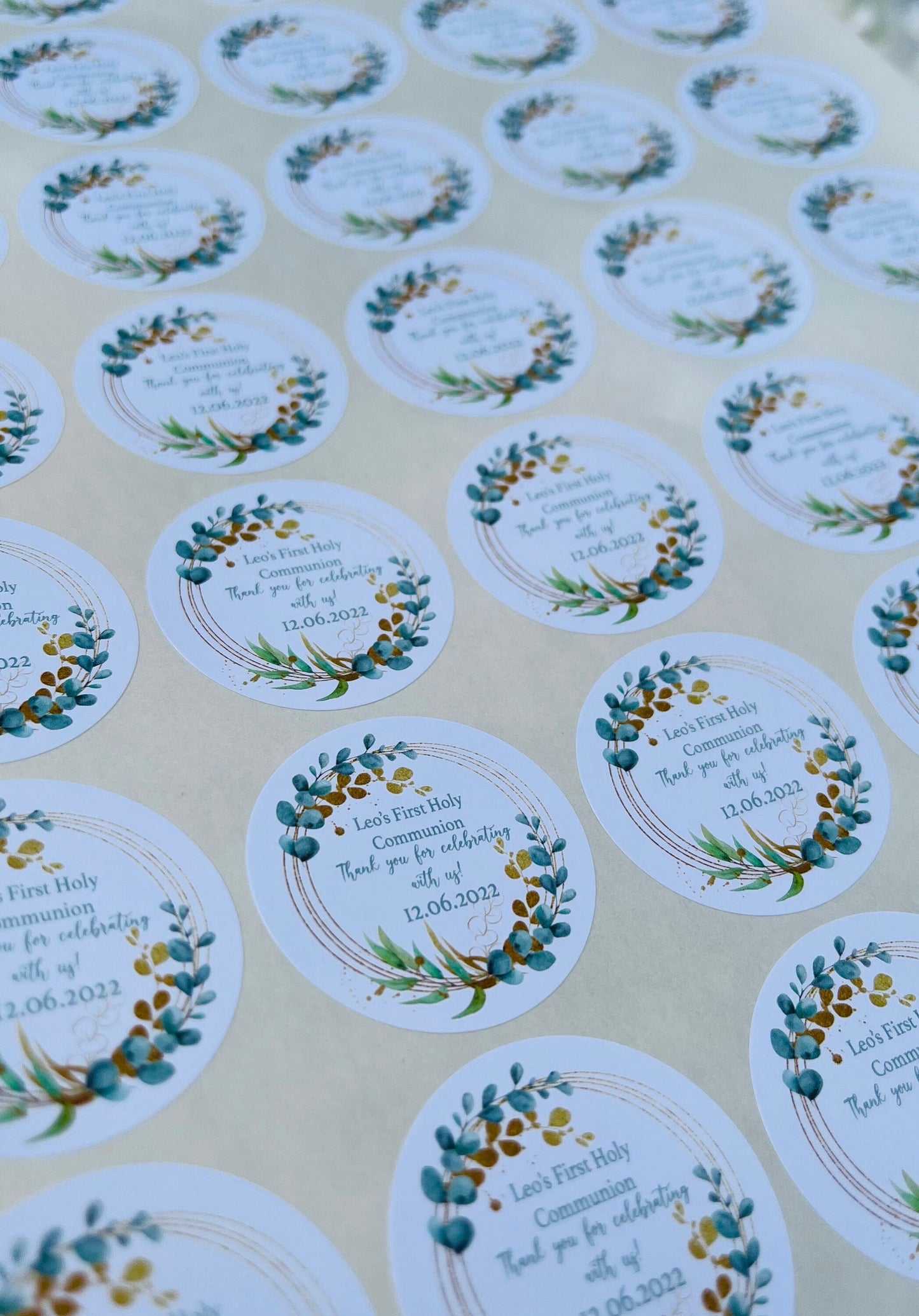 Personalised Holy Communion Stickers Party Bag Thank You Seals Sweet Cones Eucalyptus wreath